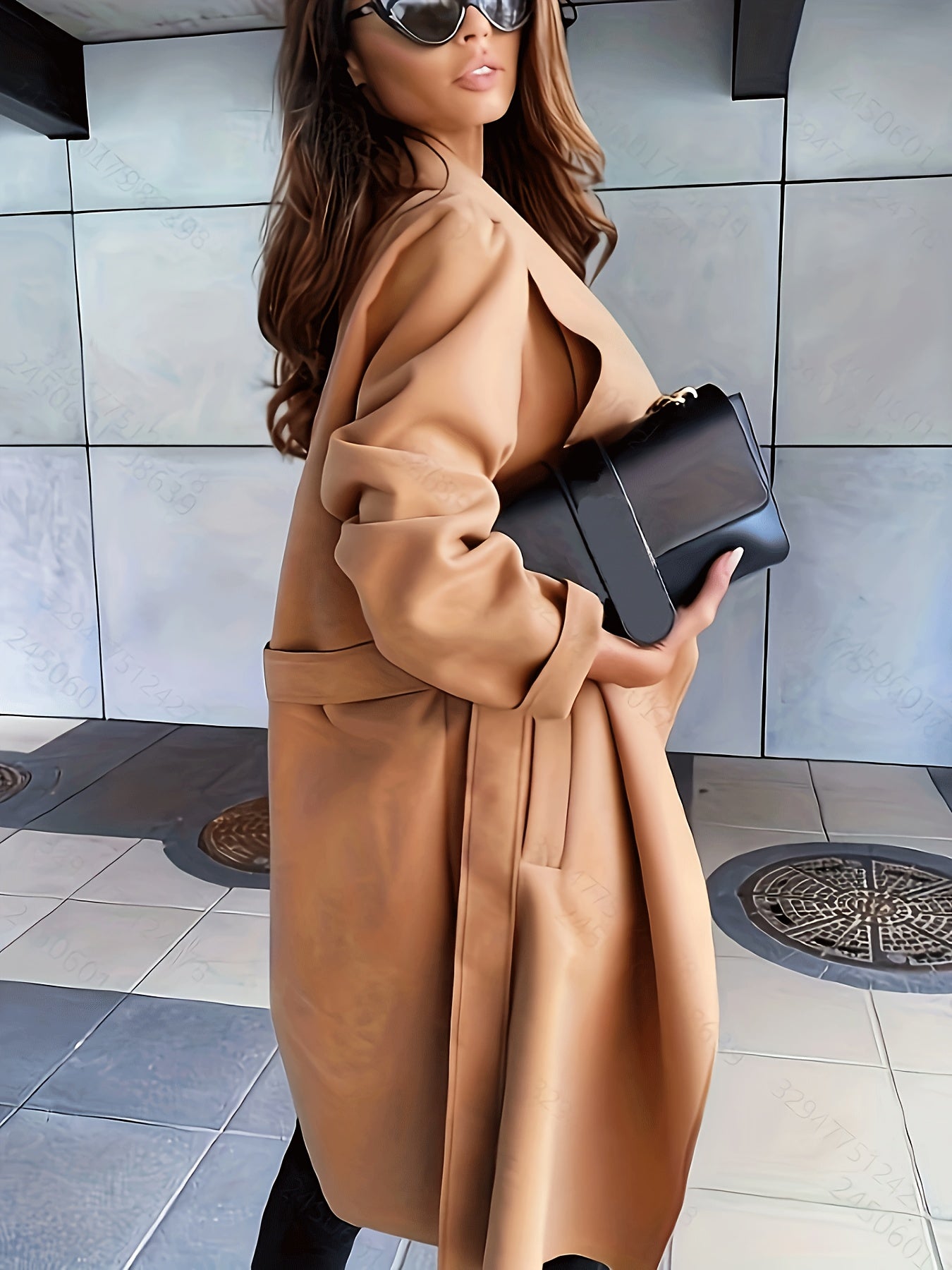 Plus Size Elegant Coat, Women's Plus Solid Long Sleeve Waterfall Collar Open Front Woolen Coat With Belt