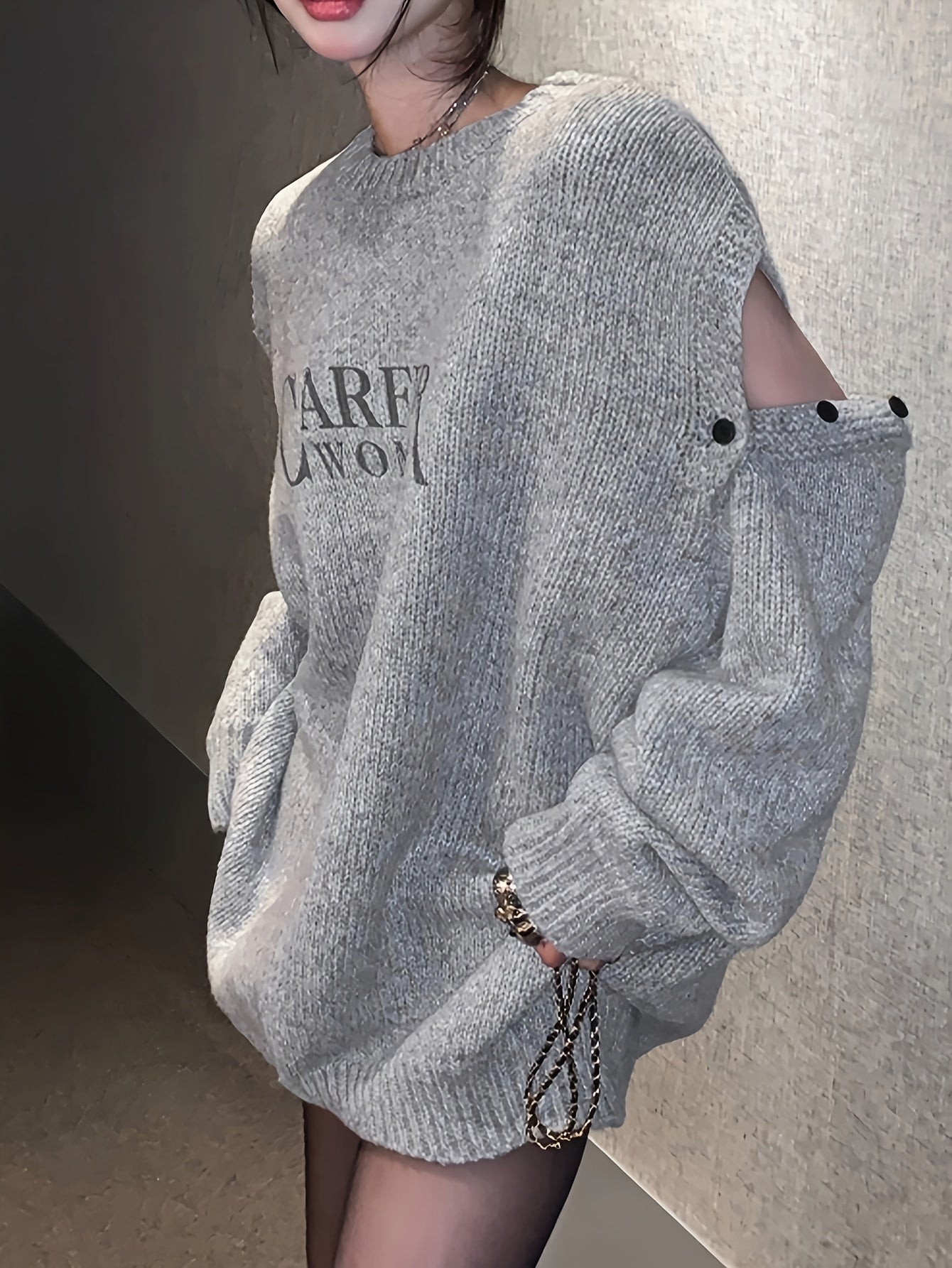 gbolsos Letter Pattern Crew Neck Pullover Sweater, Casual Cold Shoulder Long Sleeve Loose Sweater, Women's Clothing