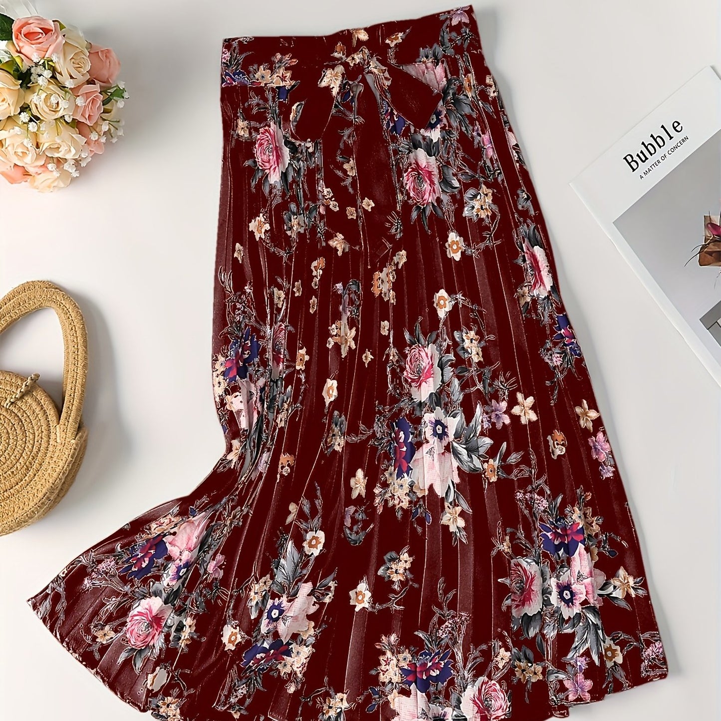Vintage Floral Print Skirts, Elegant Pleated Tie Waist Daily Skirts, Women's Clothing