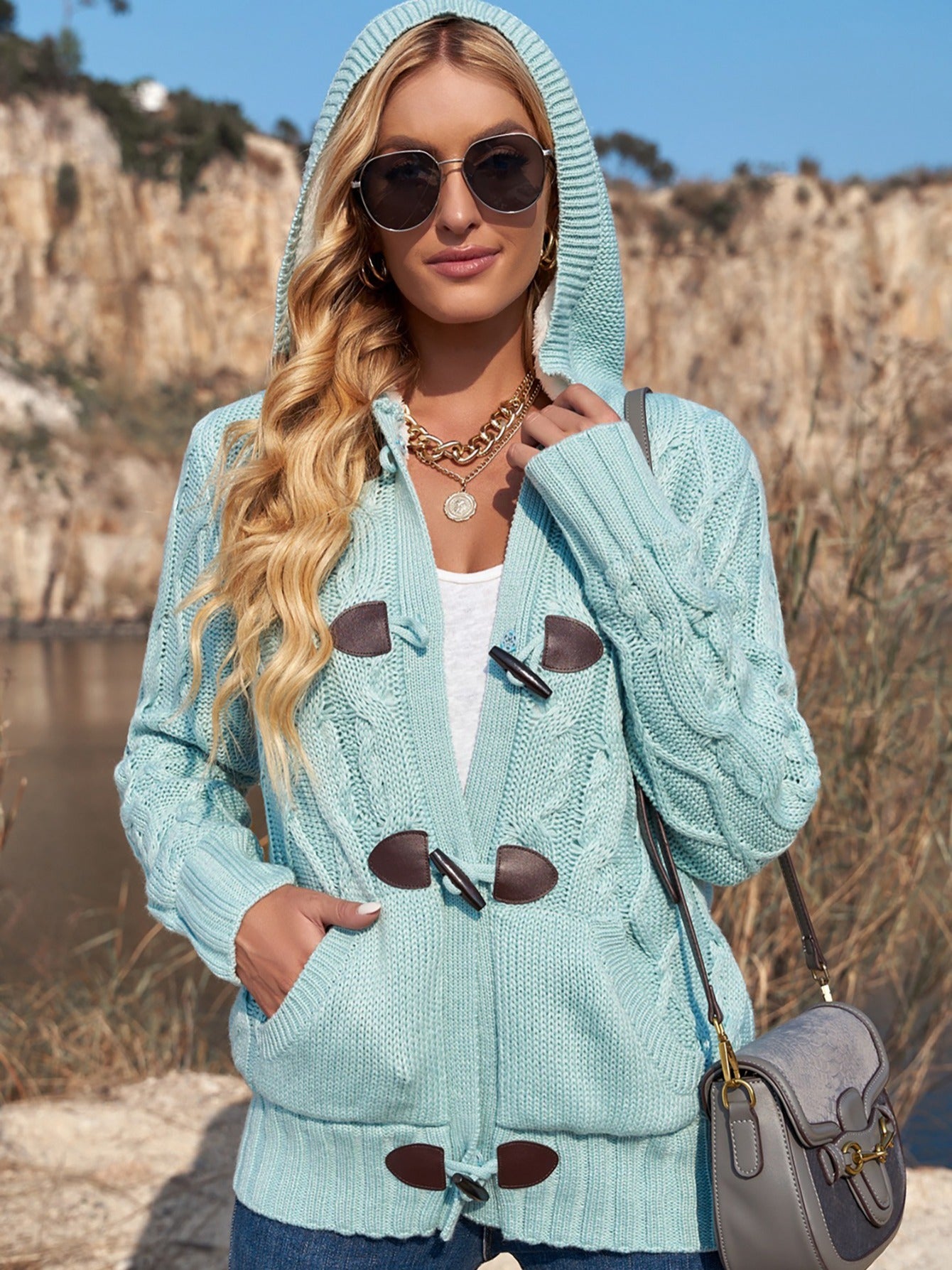 gbolsos Women's Outerwear Raw Hooded Flare Button Sweater Cardigan