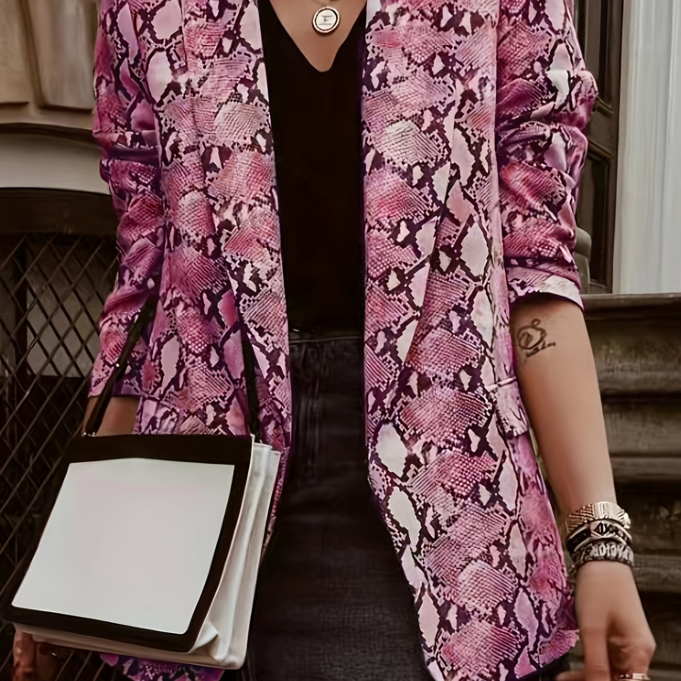 Plus Size Casual Blazer, Women's Plus Snake Pattern Lapel Collar Open Front Long Sleeve Slim Fit Blazer