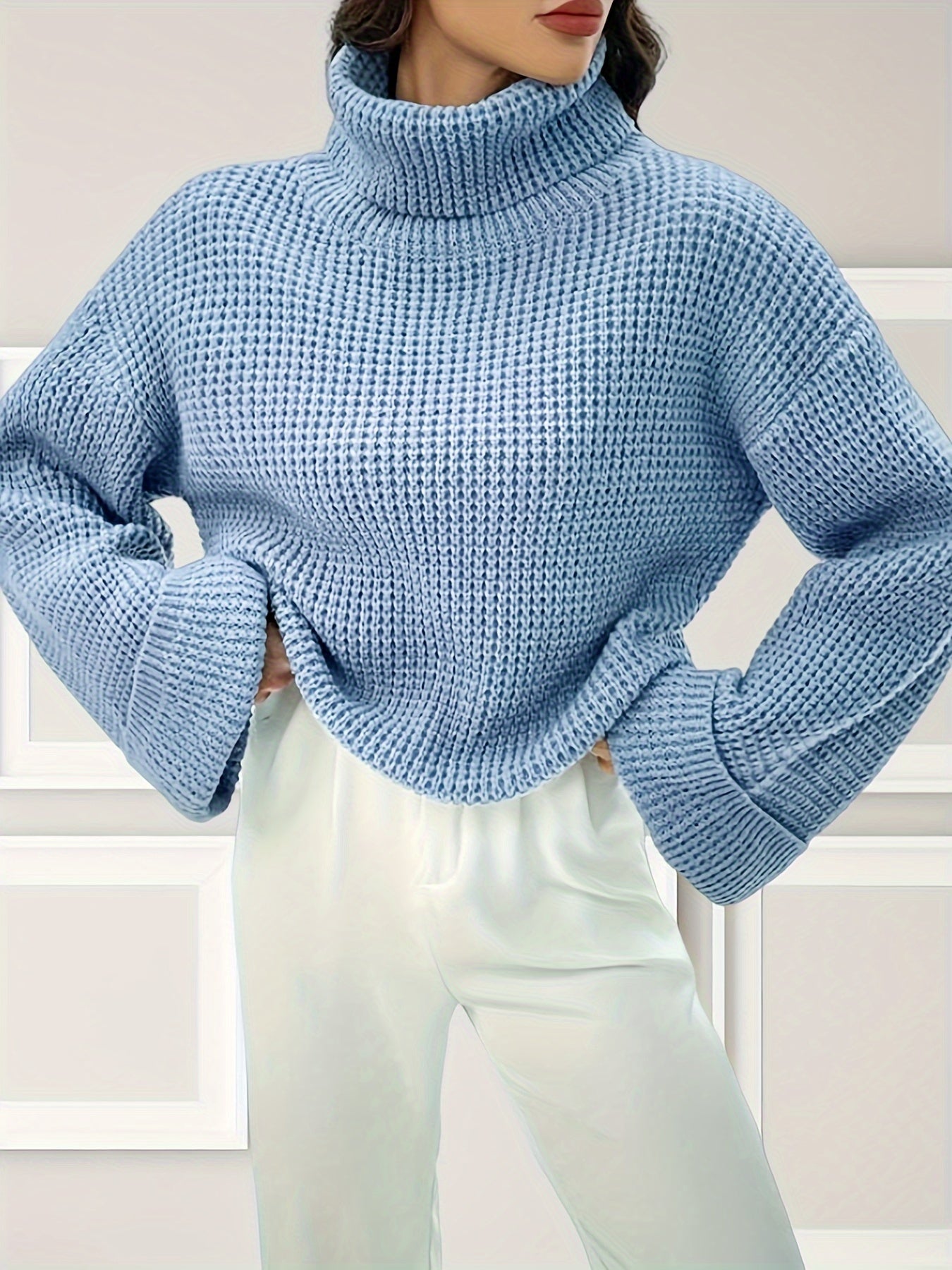 gbolsos Solid Turtle Neck Pullover Sweater, Elegant Long Sleeve Loose Sweater For Fall & Winter, Women's Clothing