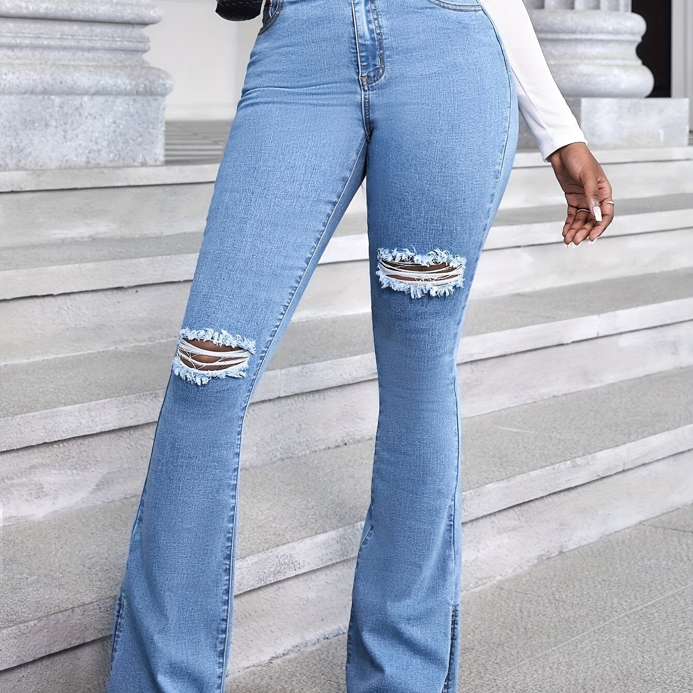 gbolsos Light Blue Ripped Flared Jeans, Bell Bottom High Waist Wide Legs Split Denim Pants, Women's Denim Jeans & Clothing