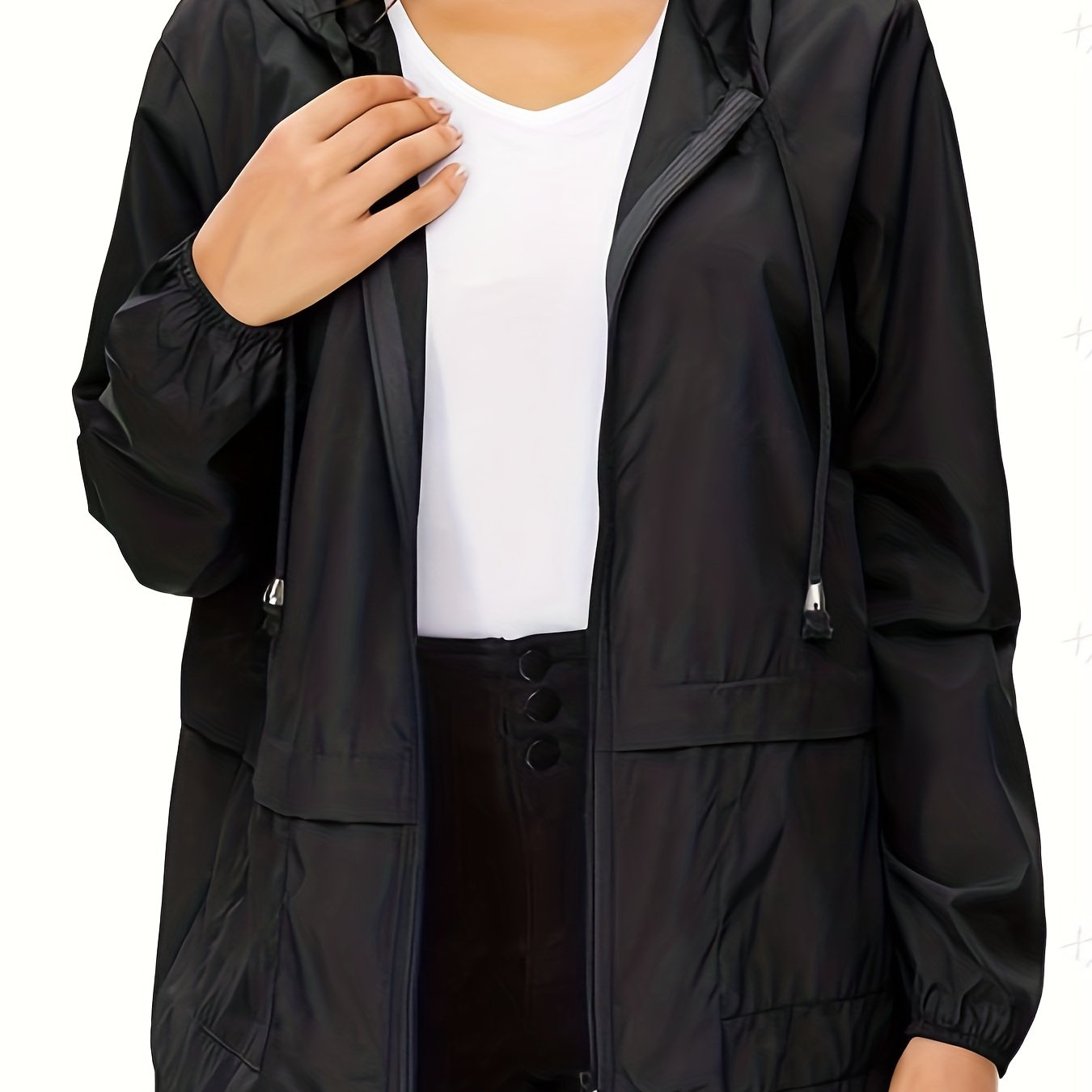solvbao Plus Size Casual Trench Coat, Women's Plus Solid Long Sleeve Zip Up Hooded Drawstring Windbreaker Coat With Pockets
