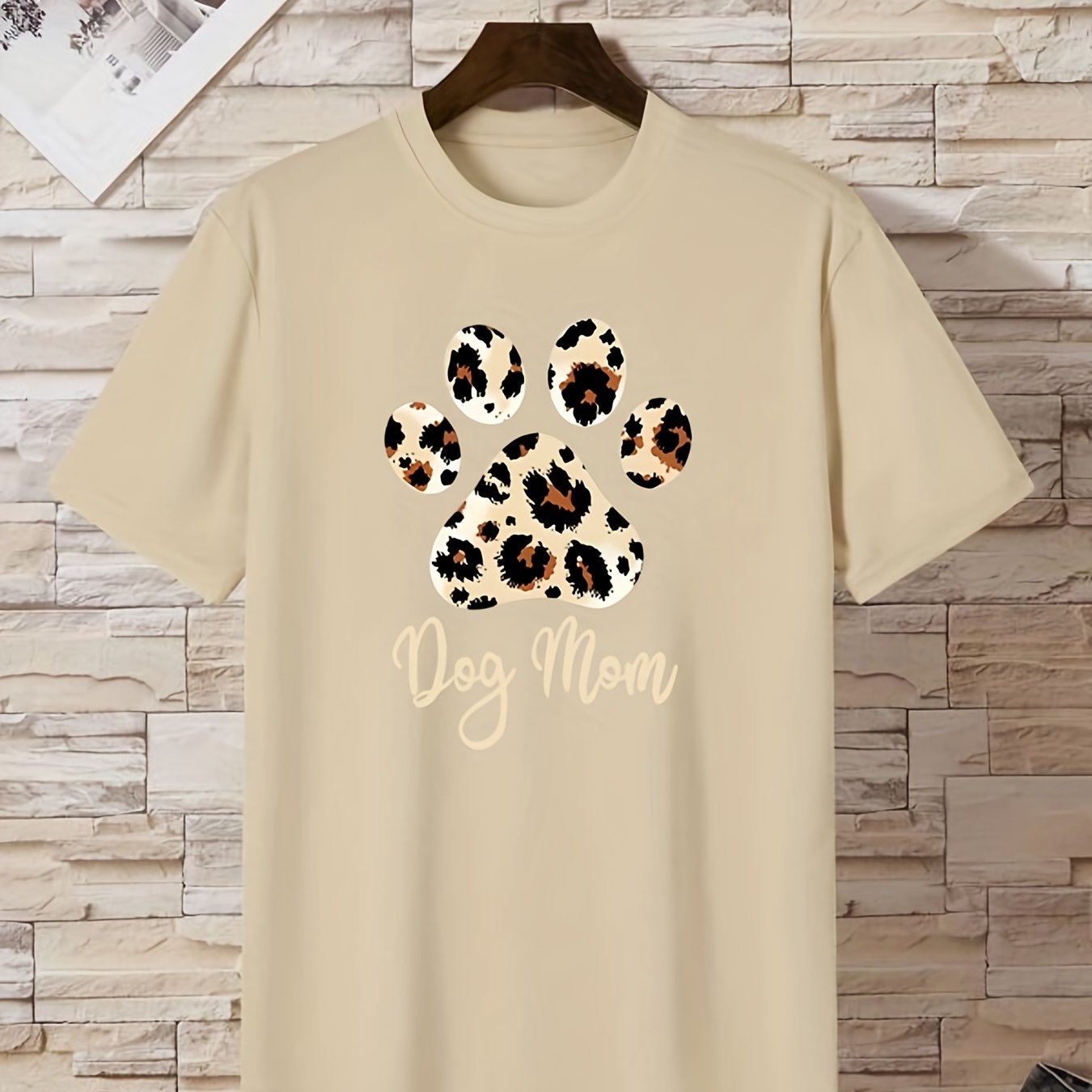 gbolsos Women Funny Leopard Print Dog Mama Graphic Tee, Summer Casual Crew Neck T-shirt, Women's Clothing