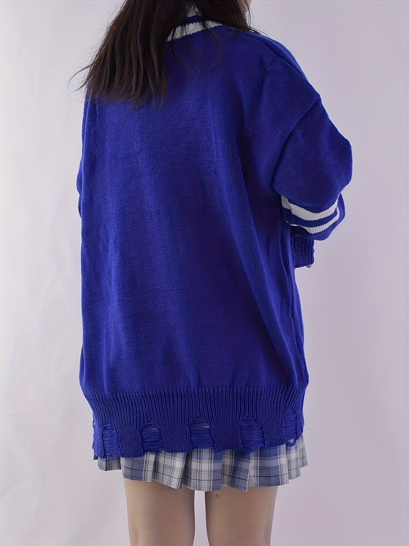 Letter Pattern V Neck Ripped Sweater, Preppy Long Sleeve Sweater For Fall & Winter, Women's Clothing