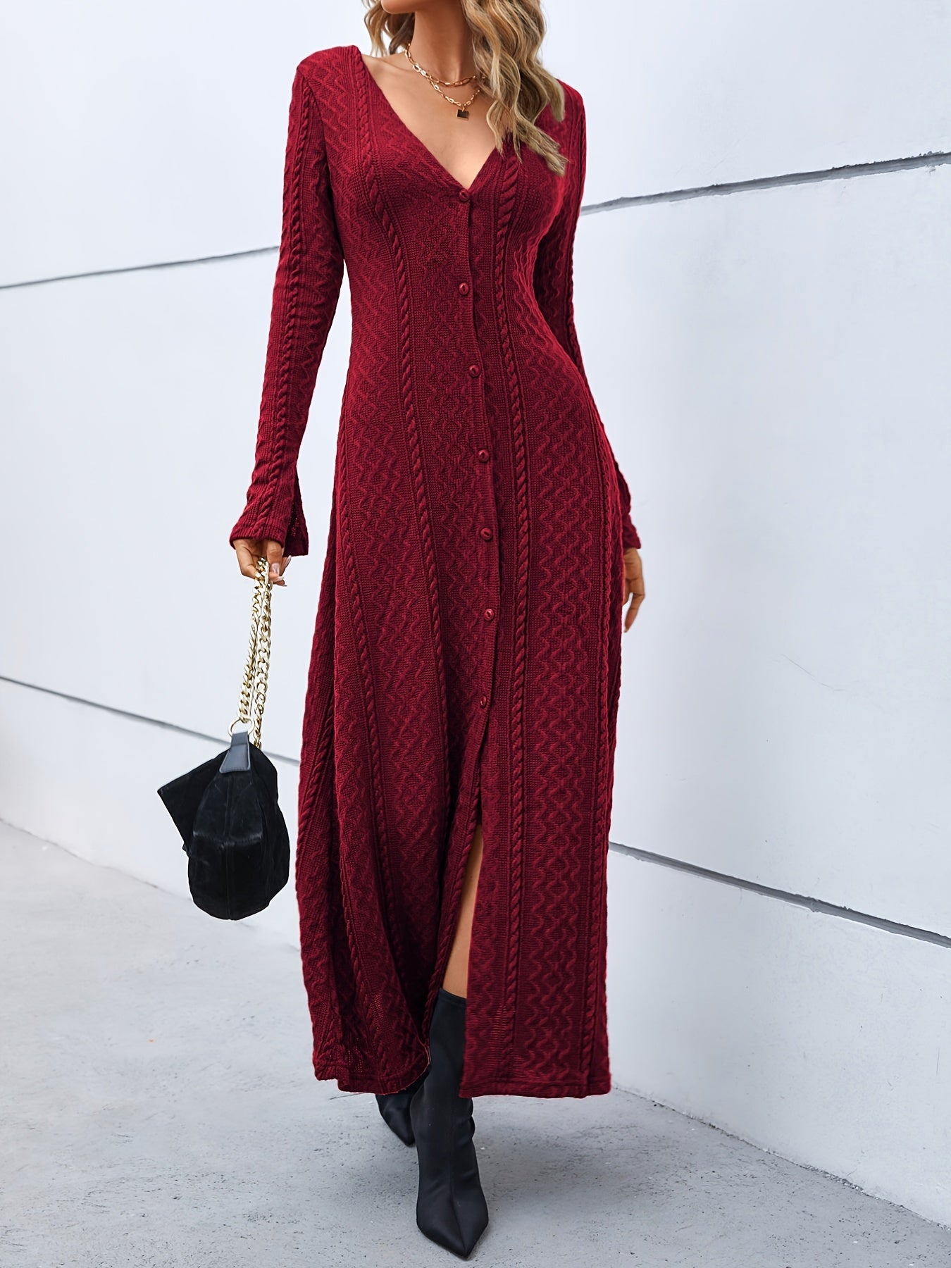 gbolsos Elegant Buttons Slit Long Dress, Casual Deep V Neck Long Sleeve Waist Long Dresses, Women's Clothing