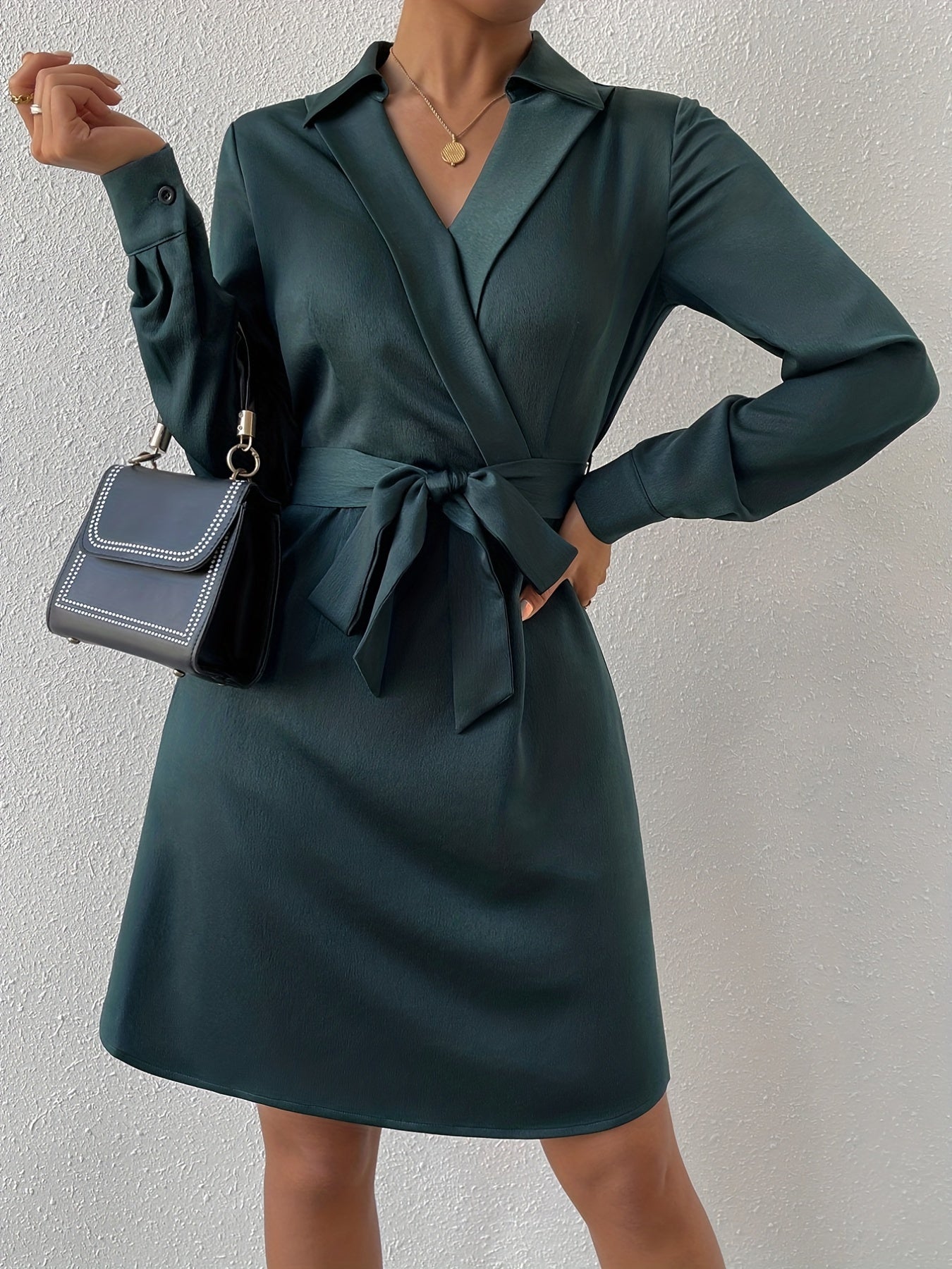 gbolsos Solid Surplice Neck Dress, Elegant Long Sleeve Simple Dress, Women's Clothing