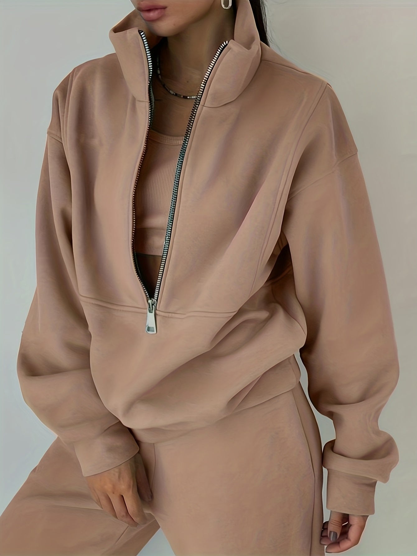 Casual Matching Two-piece Set, Zip Up Sweatshirt & Solid Sweatpants Outfits, Women's Clothing