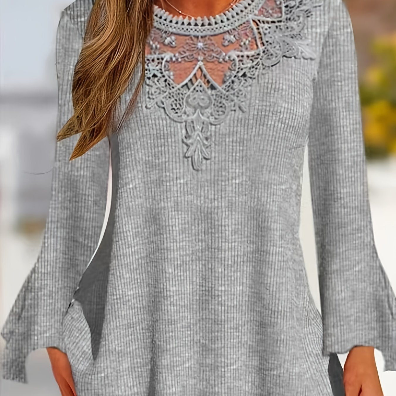 Plus Size Casual Top, Women's Plus Solid Contrast Lace Bell Sleeve Round Neck Medium Stretch Top