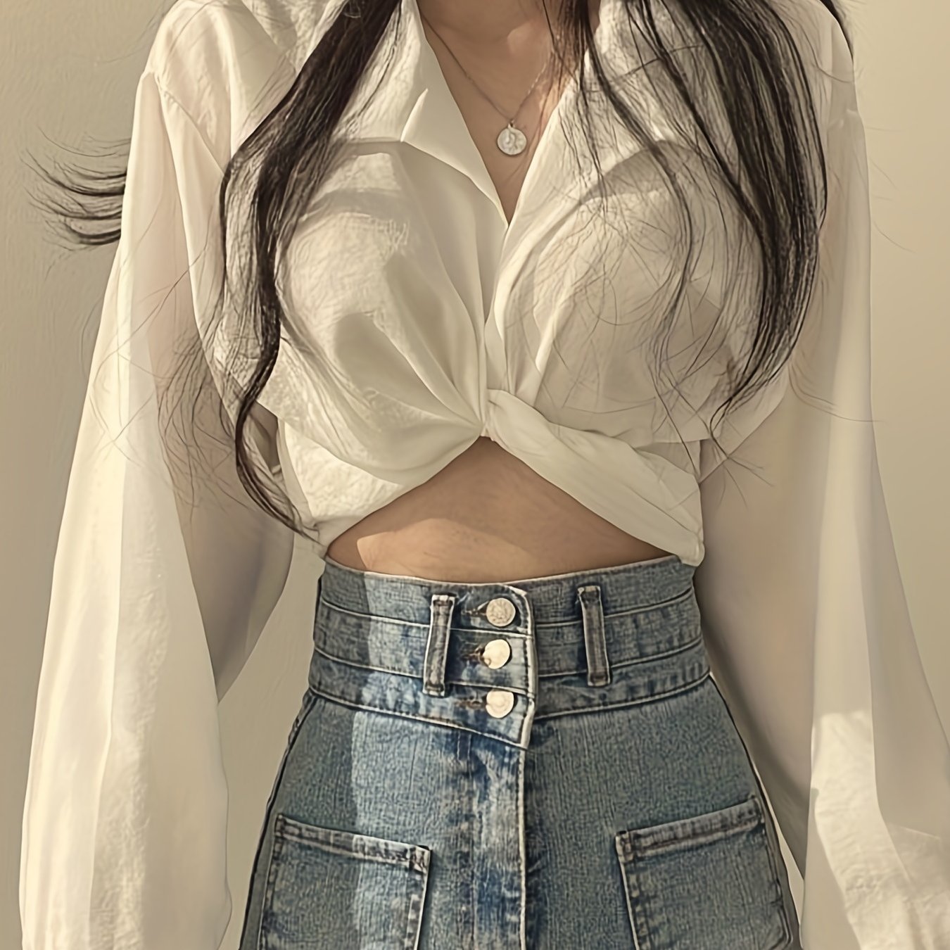 gbolsos Solid Collared Twist Bowknot Back Shirt, Elegant Puff Long Sleeve Shirt For Spring & Summer, Women's Clothing