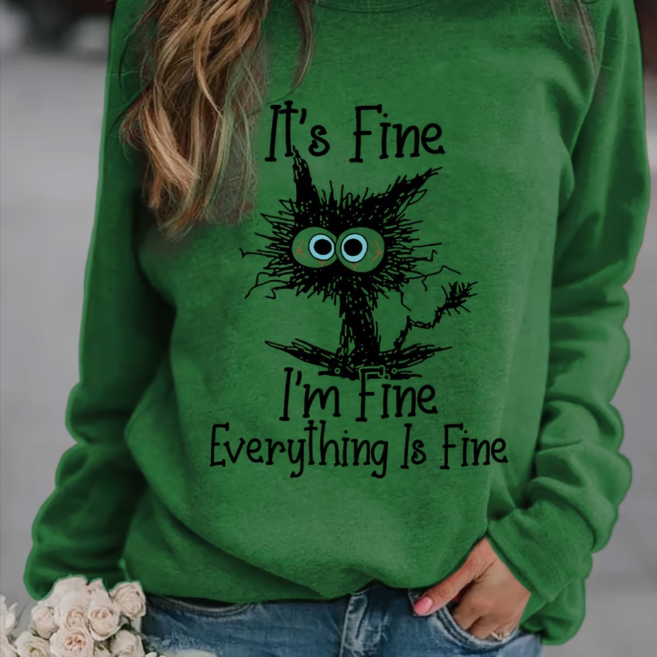 gbolsos It's Fine Cartoon Cat Print Sweatshirt, Long Sleeve Crew Neck Casual Sweatshirt For Winter & Fall, Women's Clothing