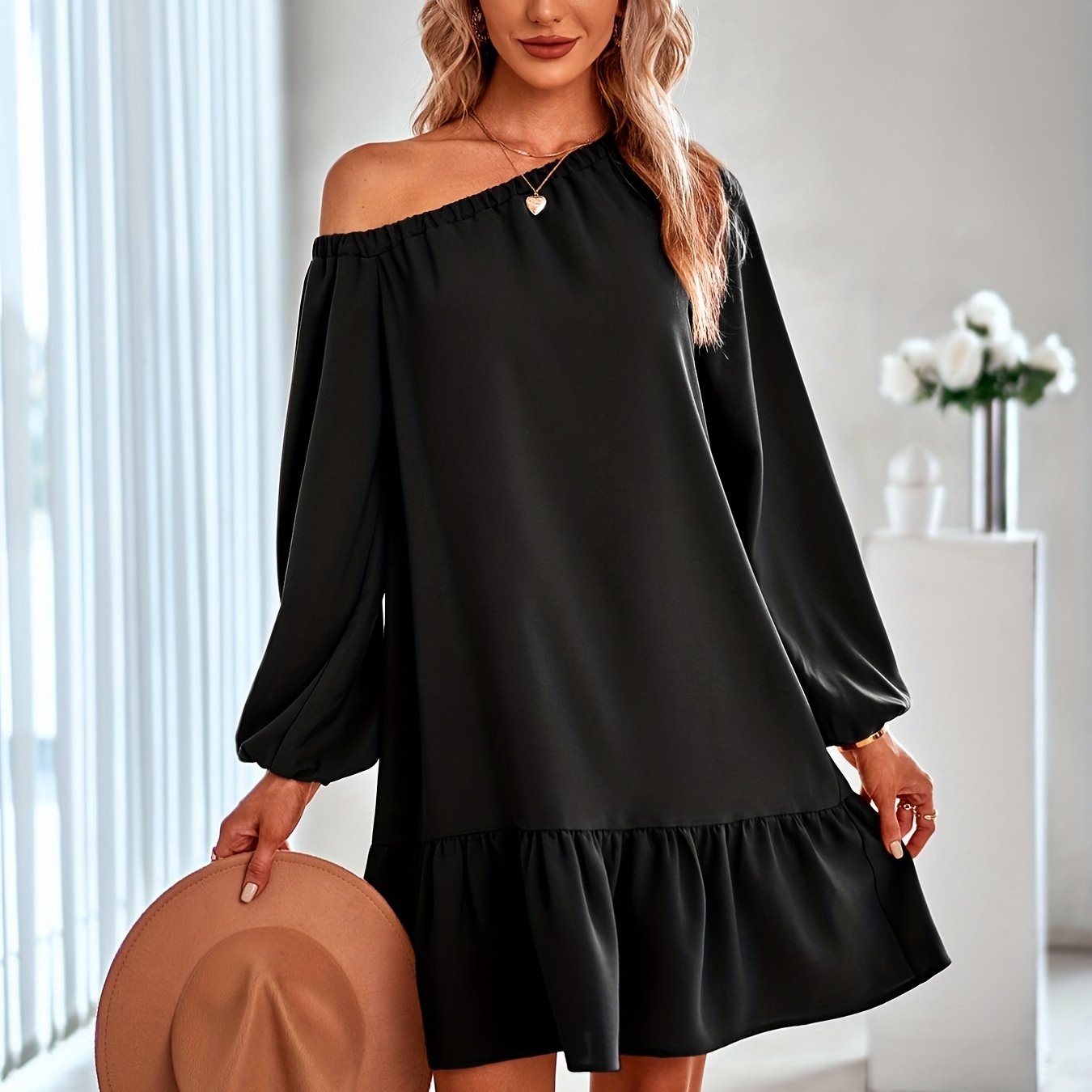 Ruffle Trim Slanted Shoulder Dress, Casual Solid Long Sleeve Dress, Women's Clothing