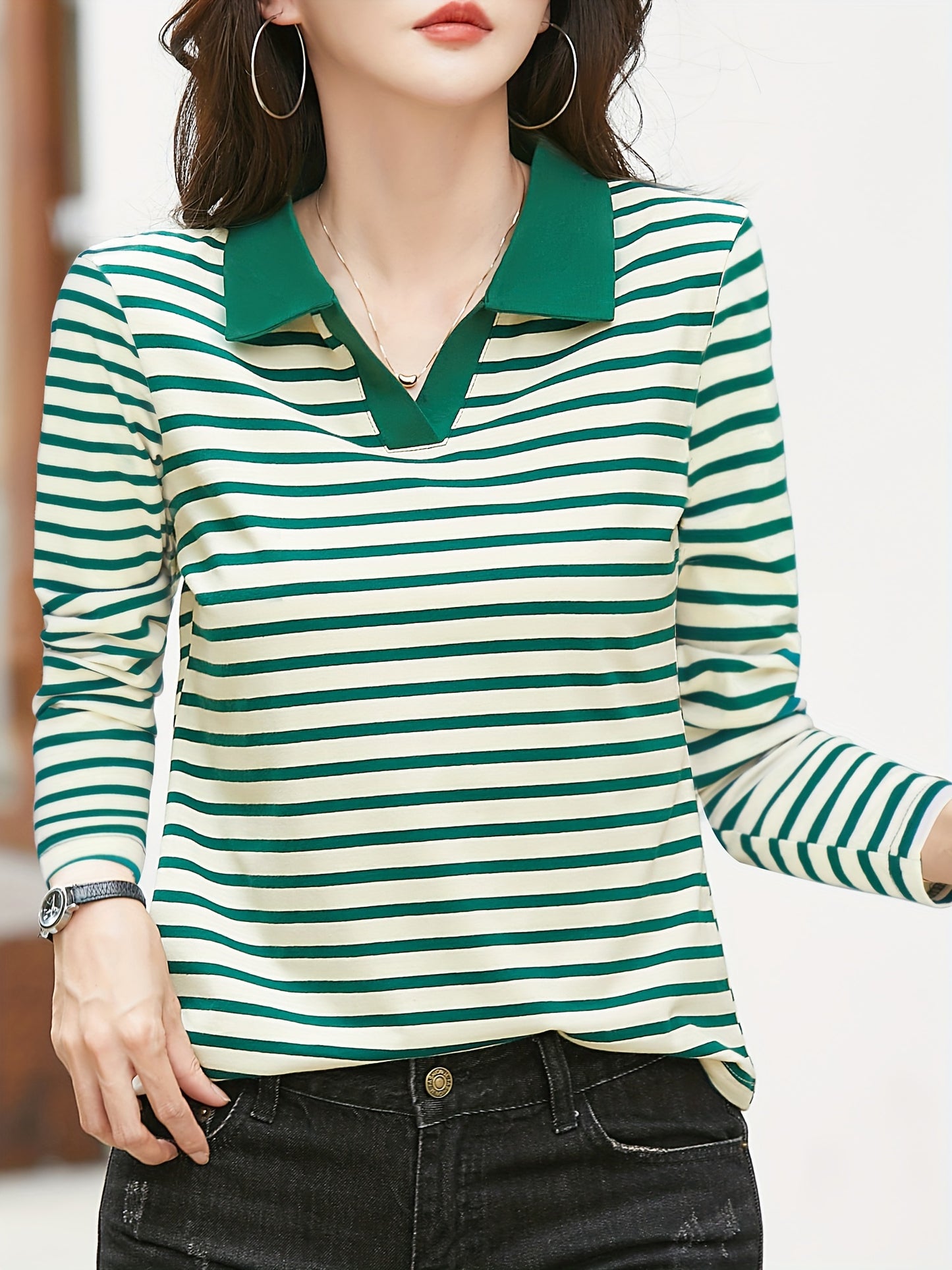 gbolsos Striped Polo Neck T-shirt, Casual Long Sleeve Contrast Trim Top, Women's Clothing