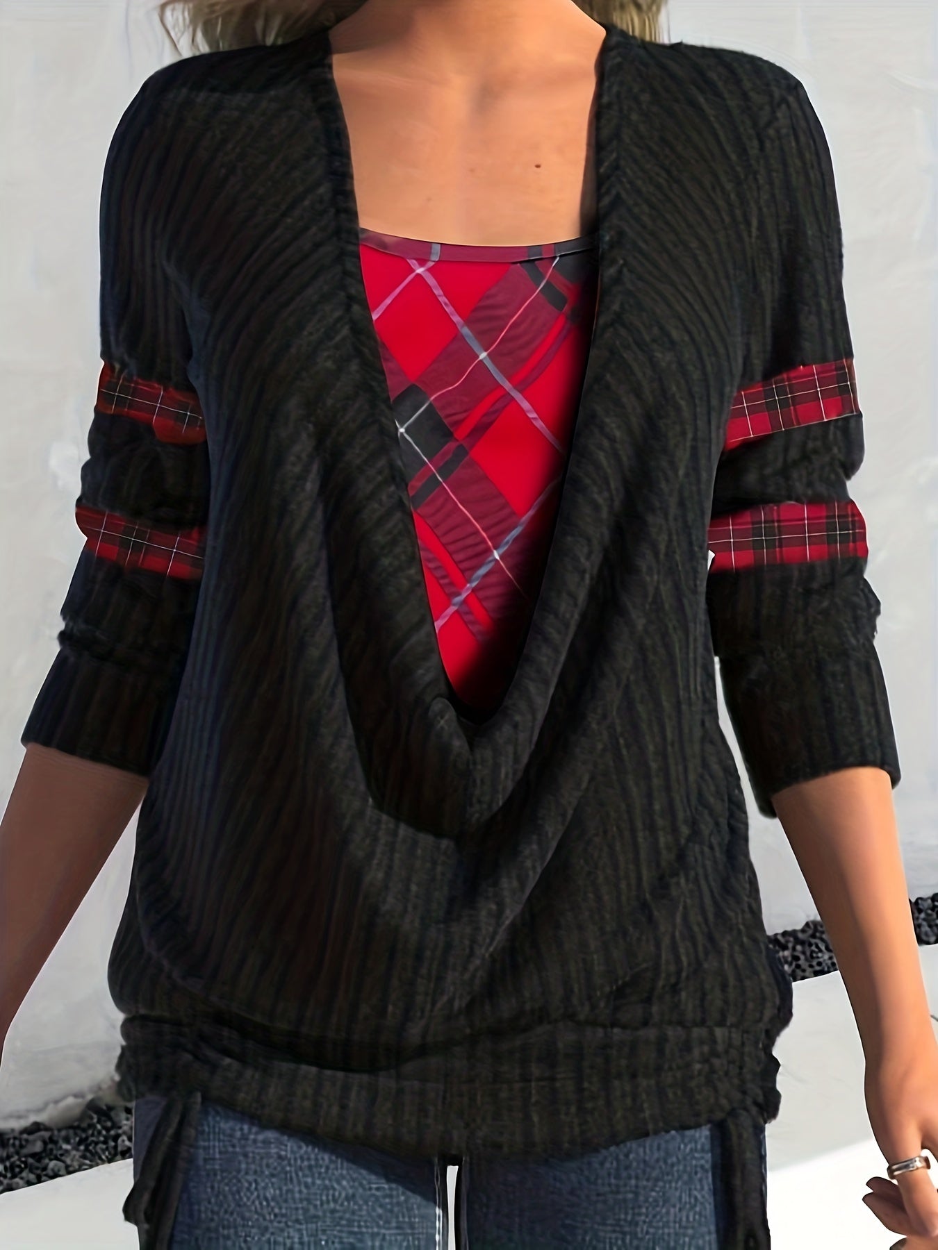 Plus Size Casual Top, Women's Plus Colorblock Plaid Print Ribbed Long Sleeve Cowl Neck Medium Stretch Top