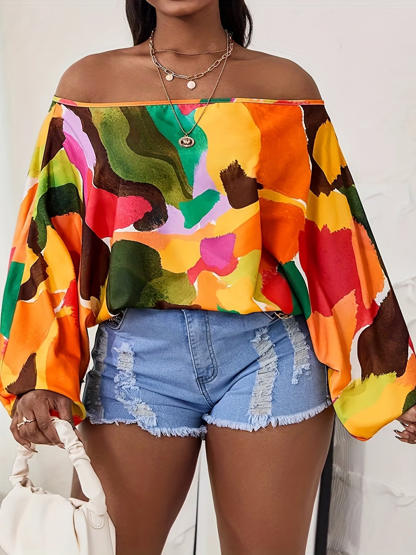 gbolsos Colorful Print Off Shoulder Top, Casual Long Lantern Sleeve T-Shirt For Spring & Fall, Women's Clothing