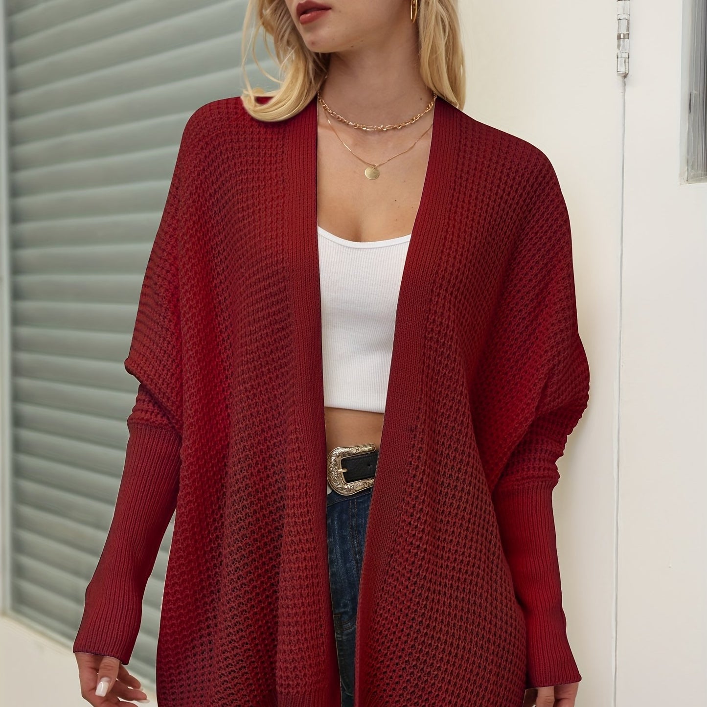 gbolsos Solid Simple Knit Cardigan, Casual Long Sleeve Open Front Sweater, Women's Clothing