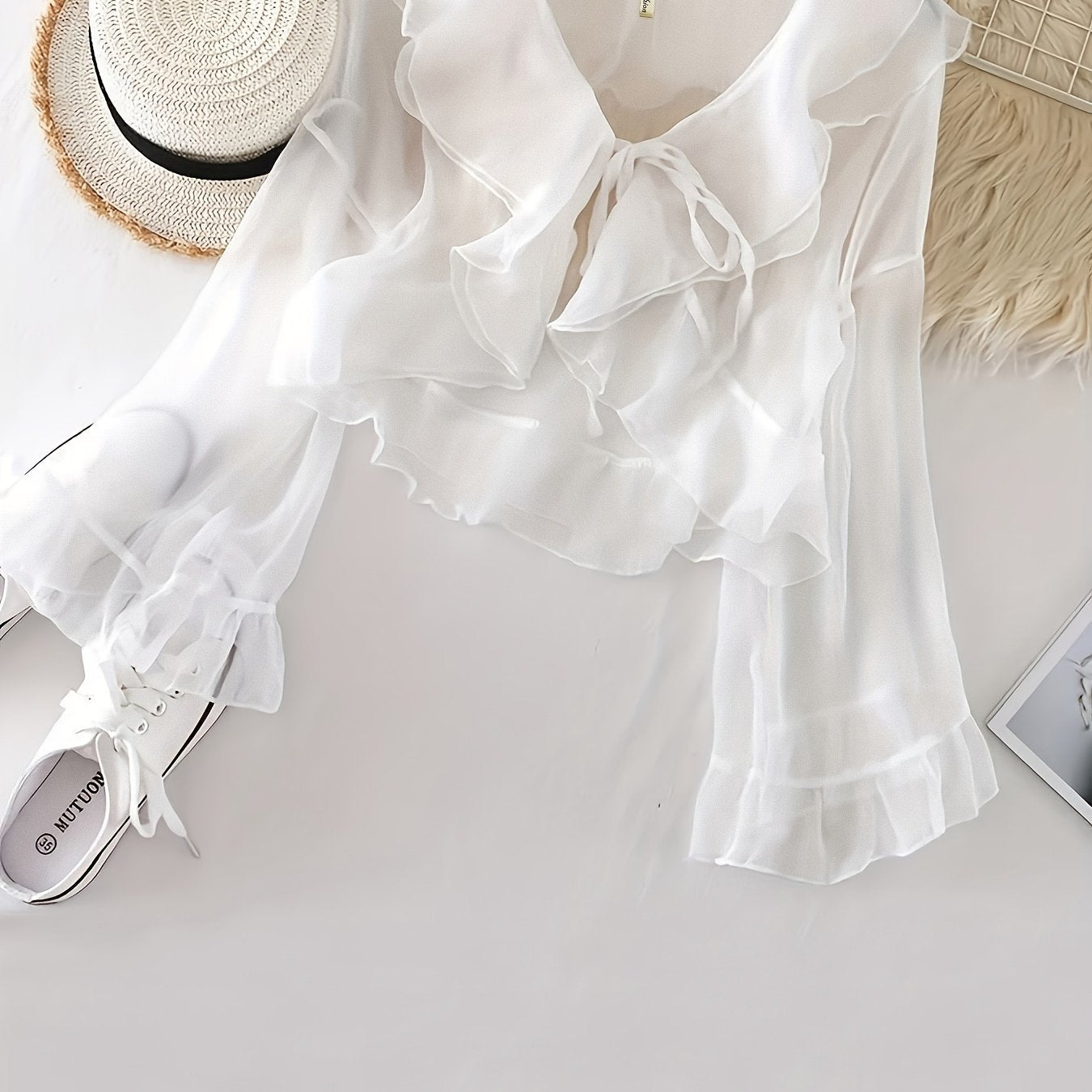 gbolsos Ruffle Layered Blouse, Elegant Tie Front Long Flared Sleeve Blouse, Women's Clothing