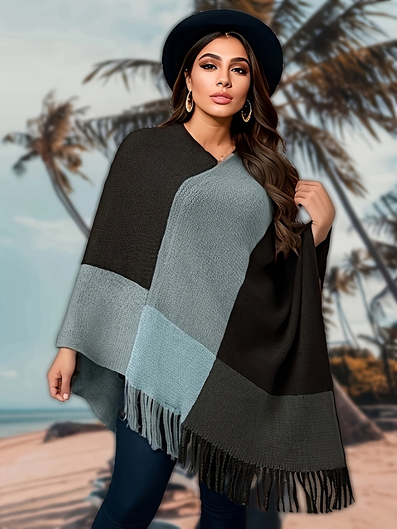 Plus Size Casual Coat, Women's Plus Colorblock Batwing Sleeve V Neck Tassel Trim Medium Stretch Shawl Cape Sweater Overcoat