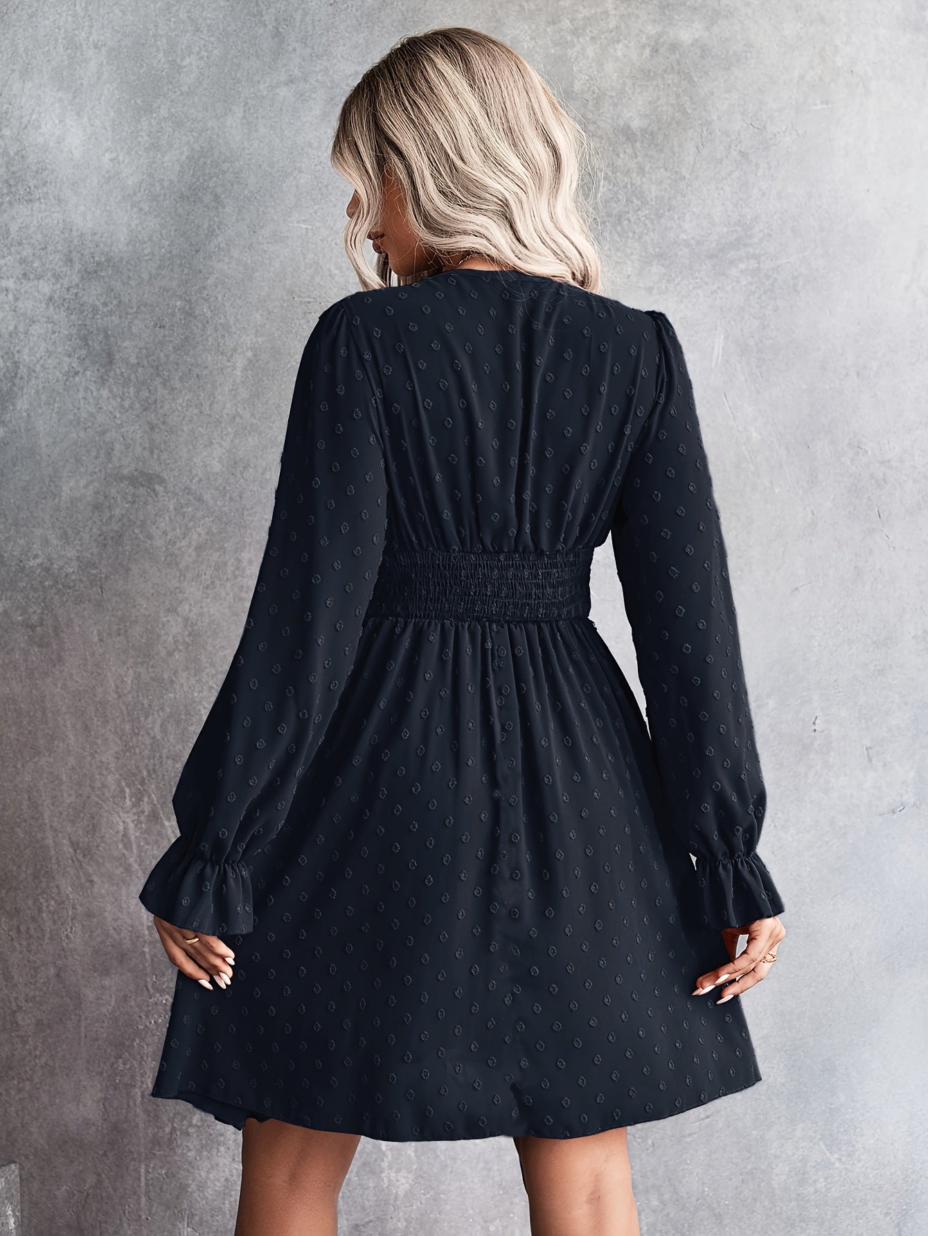 gbolsos Swiss Dot V Neck Dress, Casual Cinched Waist Long Sleeve Dress, Women's Clothing