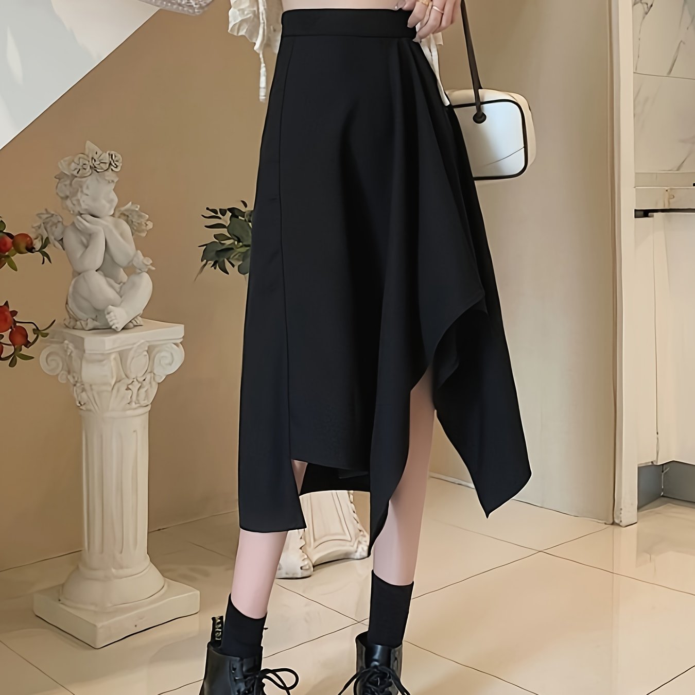 gbolsos Solid High Waist Draped Skirt, Casual Asymmetrical Hem Flared Midi Skirt, Women's Clothing