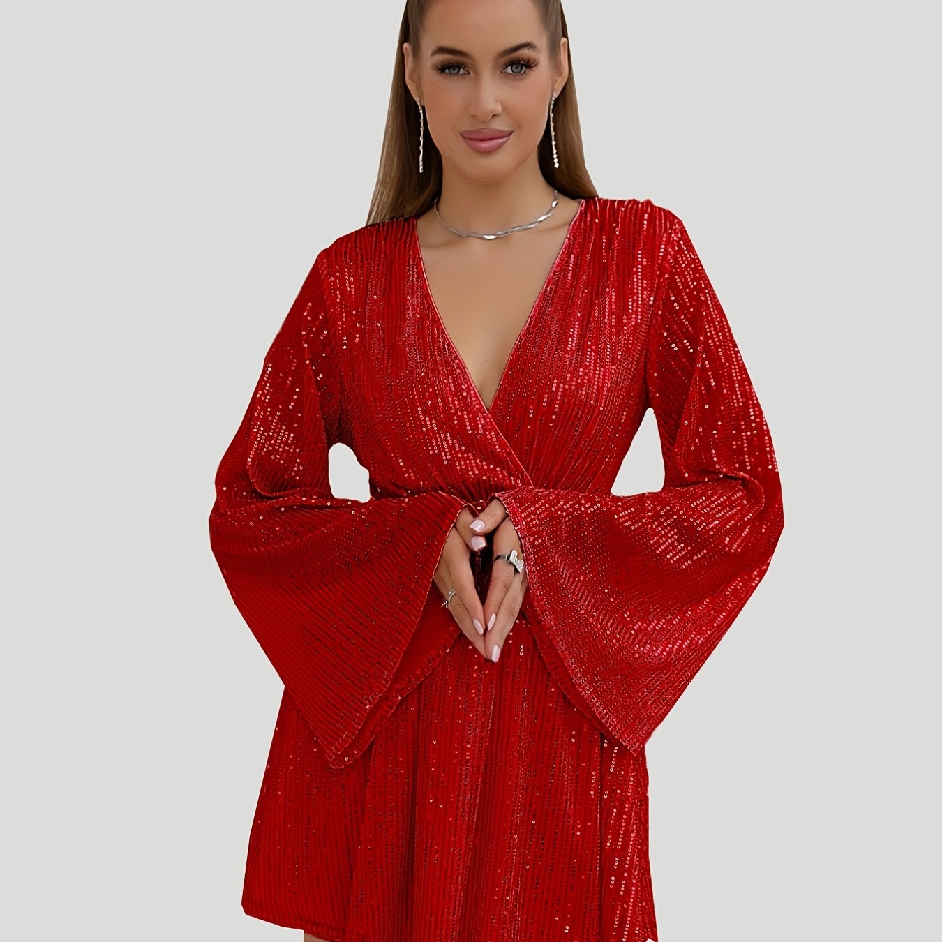 Homecoming Sequined Flare Sleeve V-neck Dress, Elegant Midi Dress For Club & Party, Women's Clothing