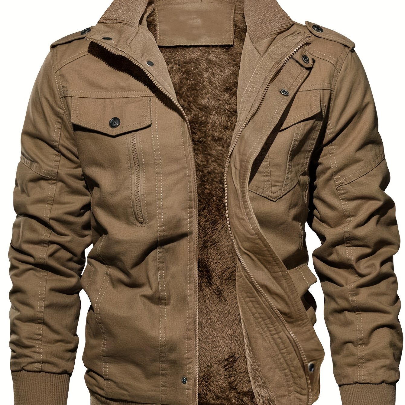 gbolsos Warm Plush Fleece Cotton Jacket, Men's Casual Zipper Pockets Stand Collar Jacket Coat For Fall Winter