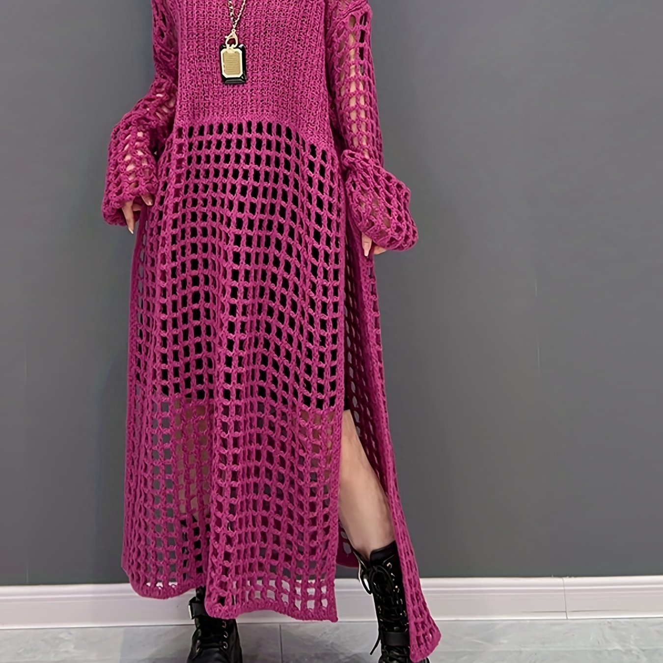 Crochet Split Thigh Dress, Casual Solid Long Sleeve Maxi Dress, Women's Clothing