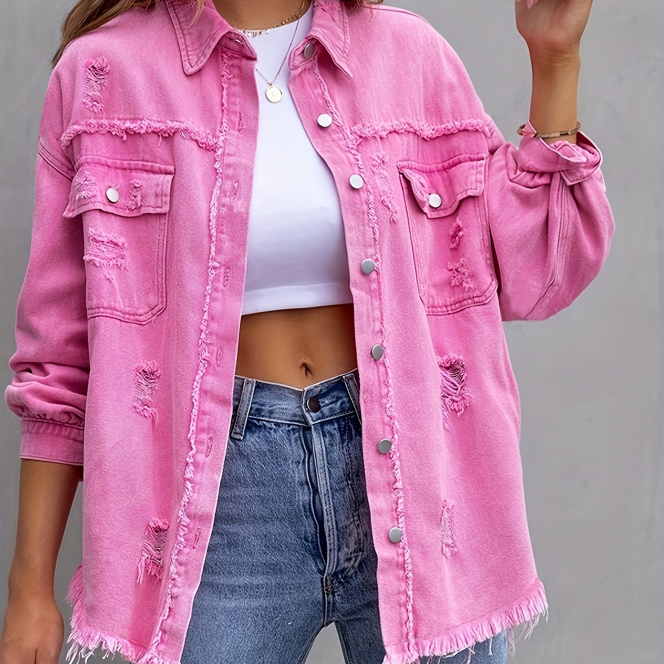 Plain Ripped Holes Lapel Denim Jackets, Distressed Raw Hem Long Sleeves Casual Denim Coats, Women's Denim Clothing