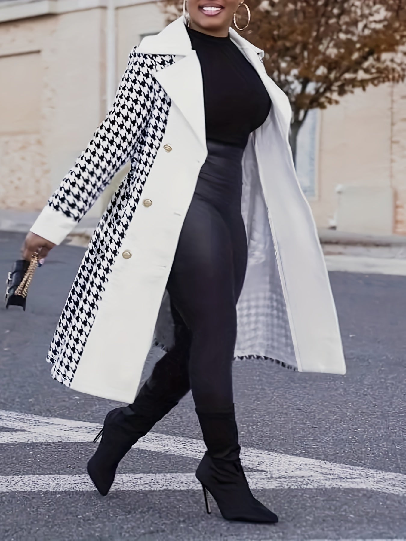solvbao Plus Size Casual Coat, Women's Plus Colorblock Houndstooth Print Double Button Long Sleeve Lapel Collar Belted Overcoat