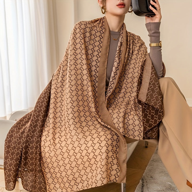 gbolsos Geometric Plaid Print Scarf Khaki Color Block Coldproof Shawl Elegant Casual Warm Wrap Classic Large Scarves For Women