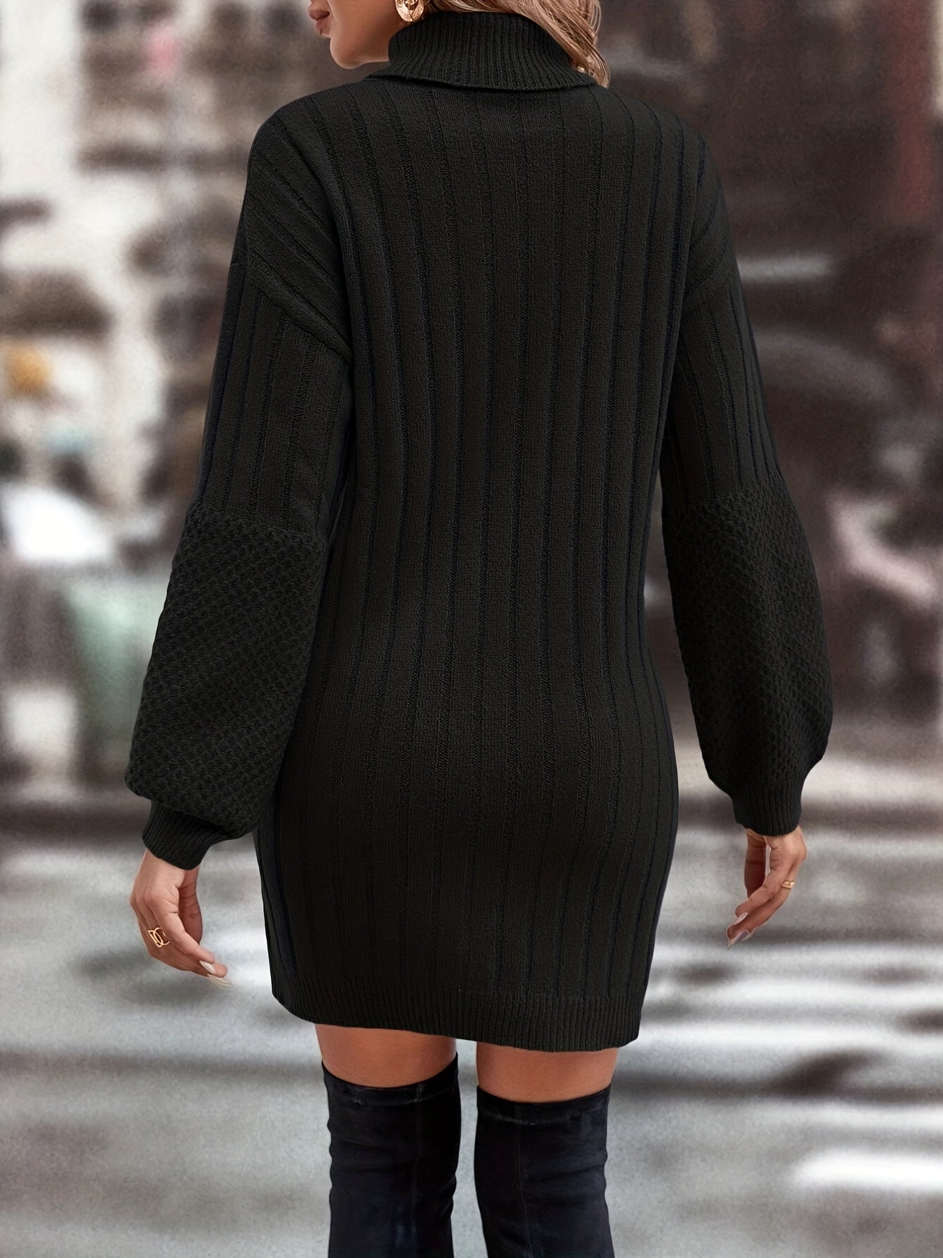 Solid Ribbed Sweater Dress, Elegant Turtleneck Long Sleeve Dress, Women's Clothing