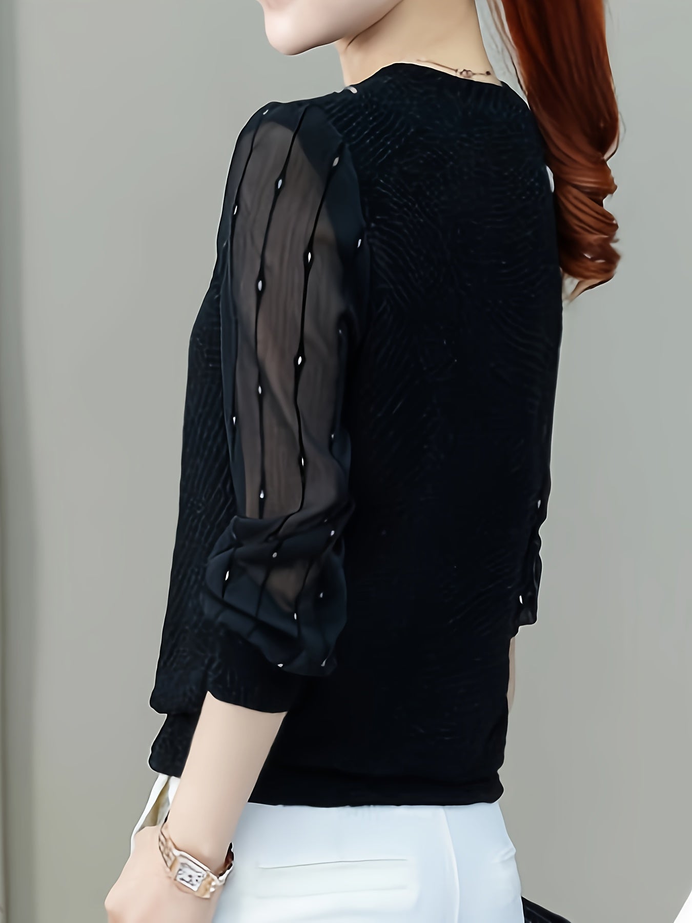 gbolsos Mesh Panel Illusion Neckline T-Shirt, Casual Long Sleeve Crew Neck T-Shirt, Women's Clothing