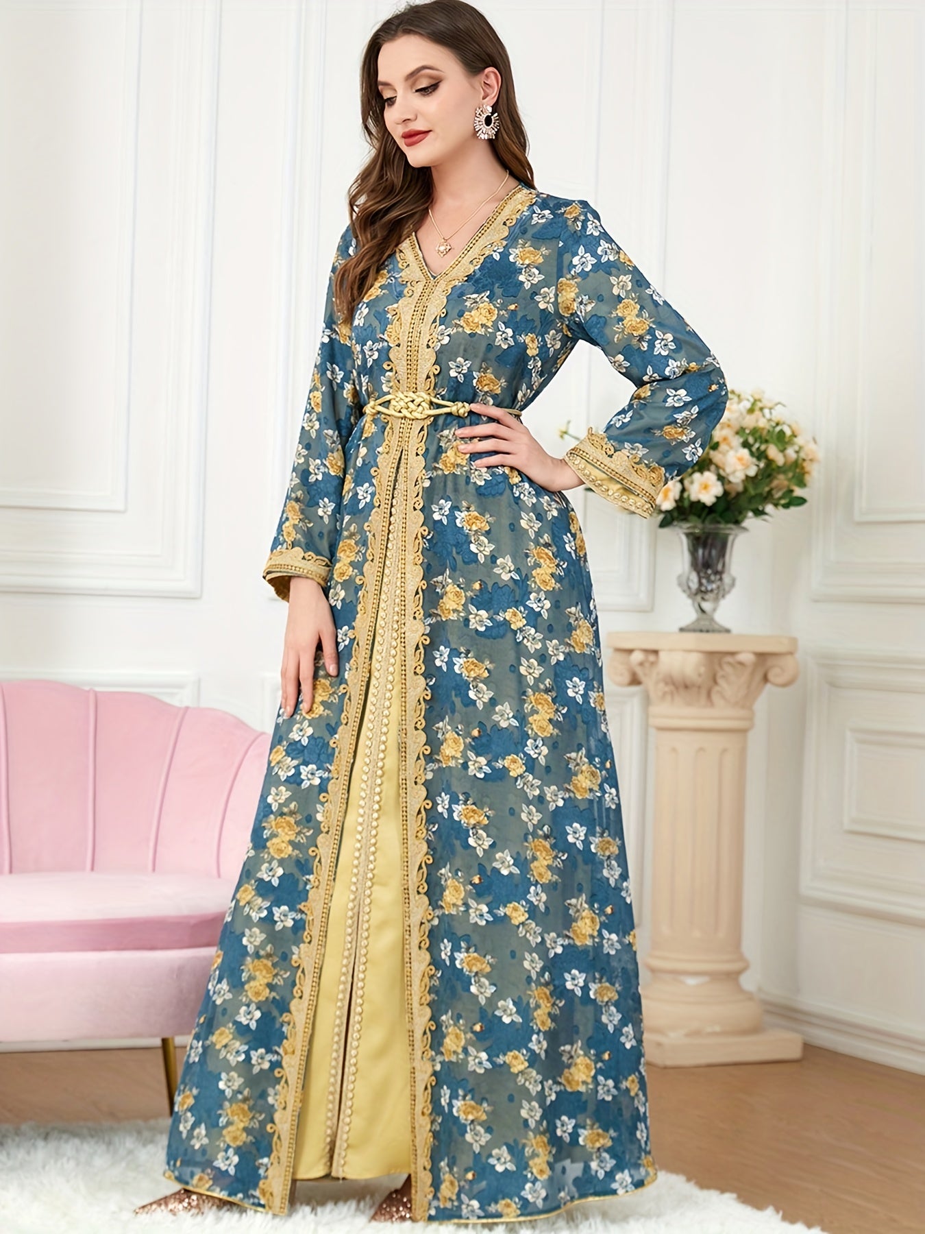 gbolsos Floral Print Contrast Collar Kaftan Dress, Elegant V Neck Long Sleeve Maxi Dress, Women's Clothing