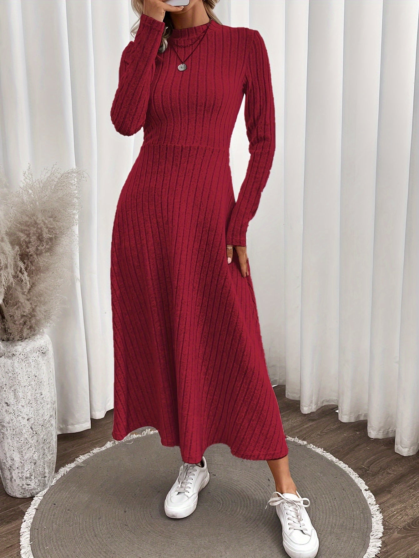 gbolsos Solid Rib-knit Ruffle Sweater Dress, Long Sleeve Mock Neck Elegant Maxi Dress, Women's Clothing