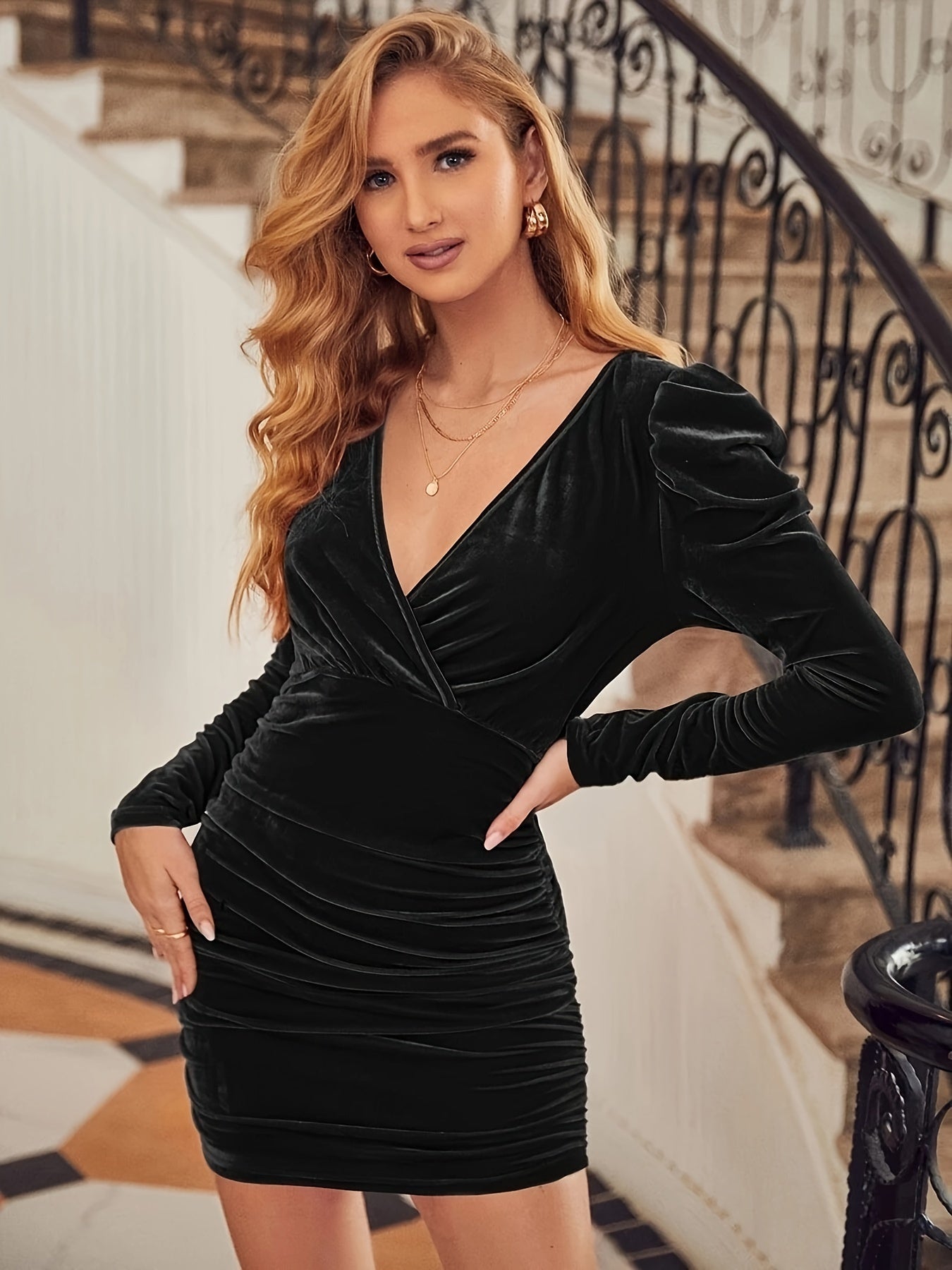 gbolsos Solid Ruched Bodycon Dress, Elegant V Neck Long Sleeve Party Dress, Women's Clothing