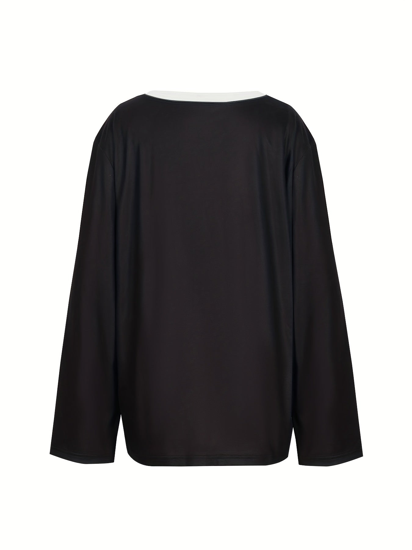 Plus Size Casual Top, Women's Plus Colorblock Cute Cat Print Long Sleeve Round Neck Top