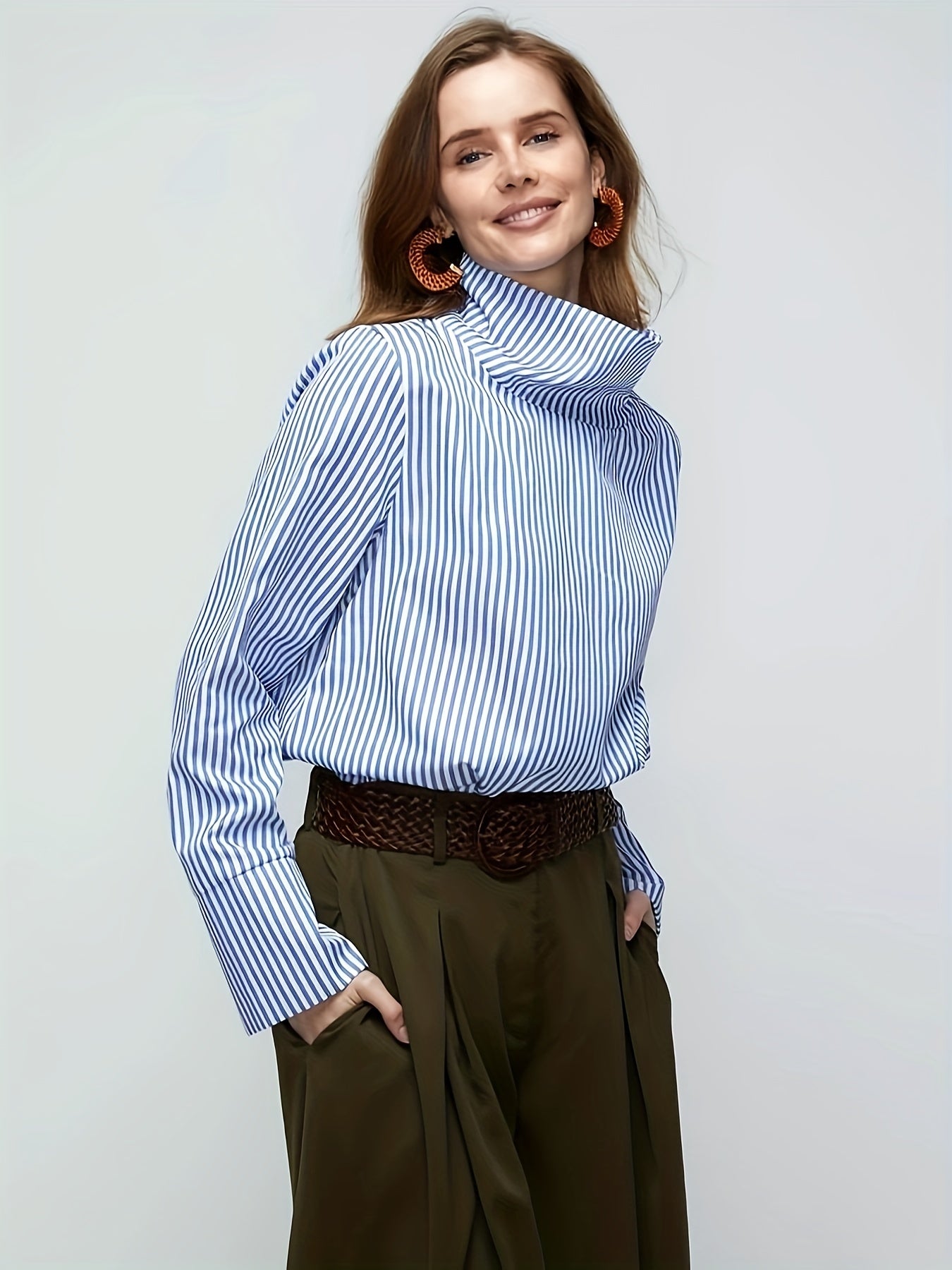 gbolsos Stripe Print Button Decor Blouse, Casual Long Sleeve Blouse For Spring & Fall, Women's Clothing