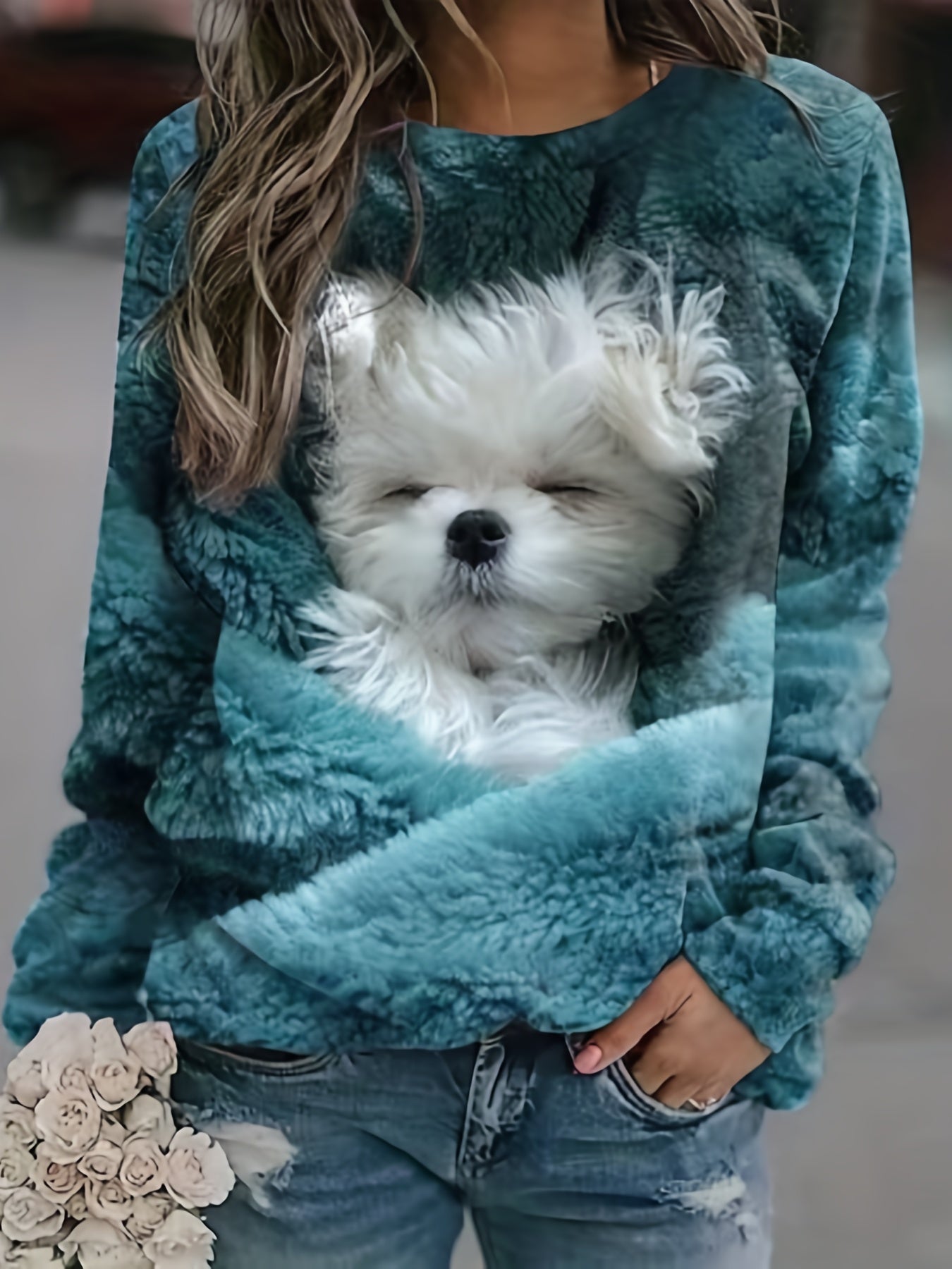 gbolsos Dog Print Pullover Sweatshirt, Casual Long Sleeve Crew Neck Sweatshirt For Fall & Winter, Women's Clothing