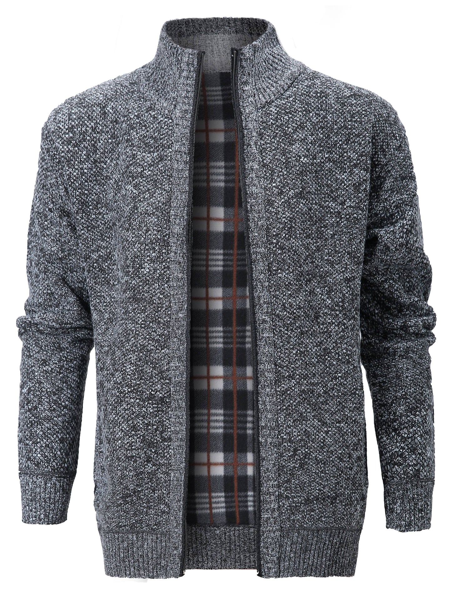 gbolsos Warm Zip Up Jacket Sweater, Men's Casual Lapel Mid Stretch Slant Pocket Solid Color Cardigan For Fall Winter