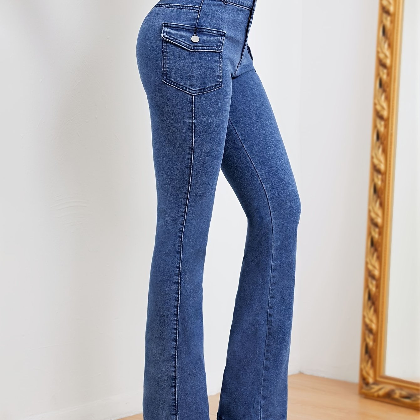 Plain Flap Pockets Cargo Flare Jeans, High Stretch Mid Waist Bell Bottom Jeans, Women's Denim Jeans & Clothing