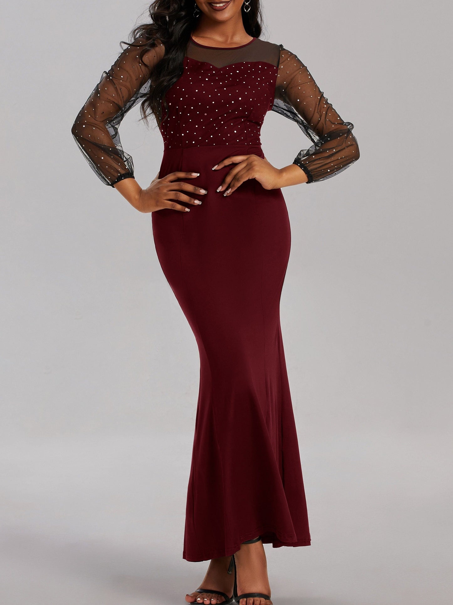 gbolsos Solid Sheer Sleeve Dress, Elegant Crew Neck Mermaid Bodycon Maxi Party Dress, Women's Clothing