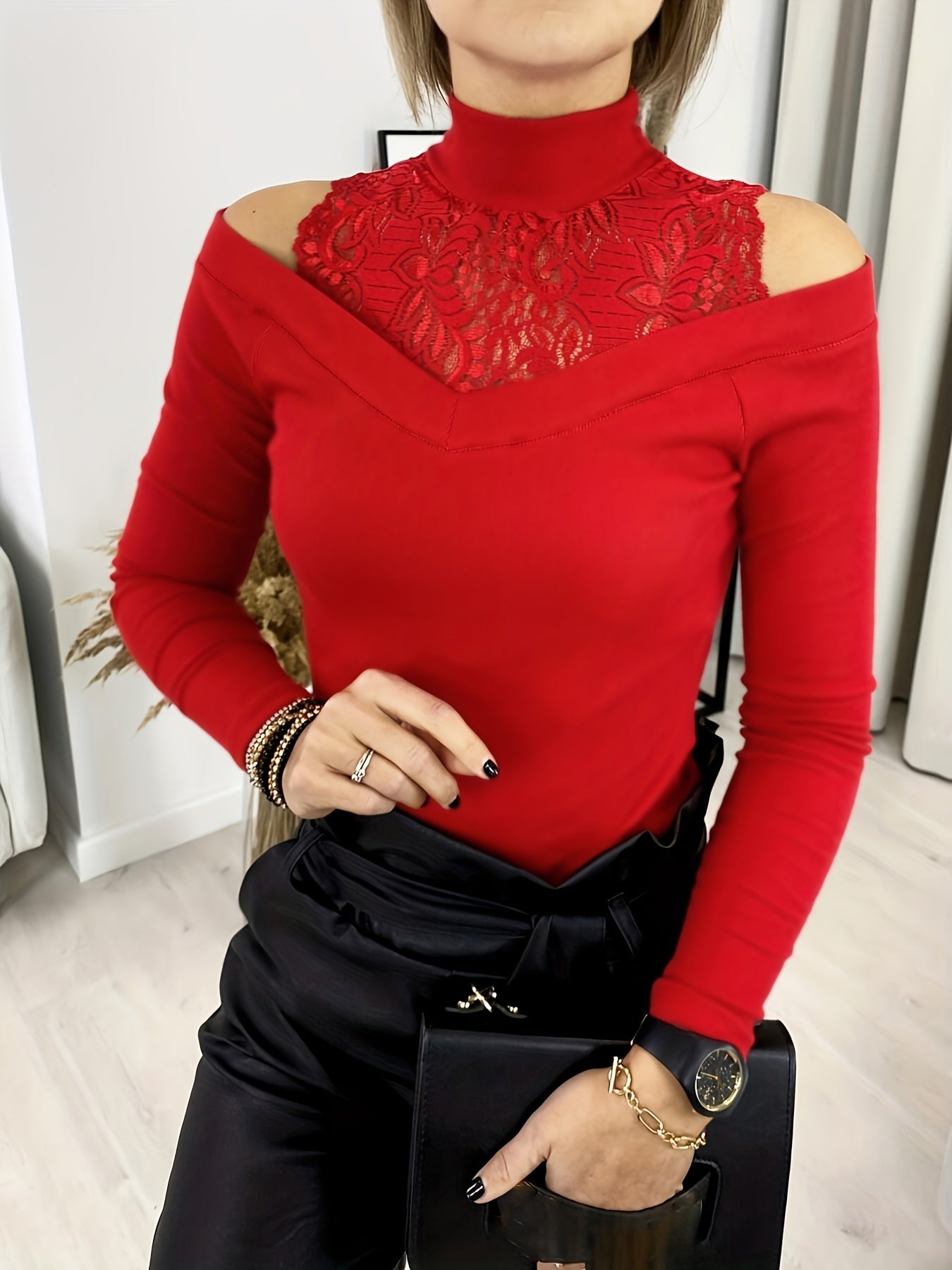 gbolsos Contrast Floral Lace Mock Neck T-Shirt, Casual Cold Shoulder Long Sleeve Top For Spring & Fall, Women's Clothing