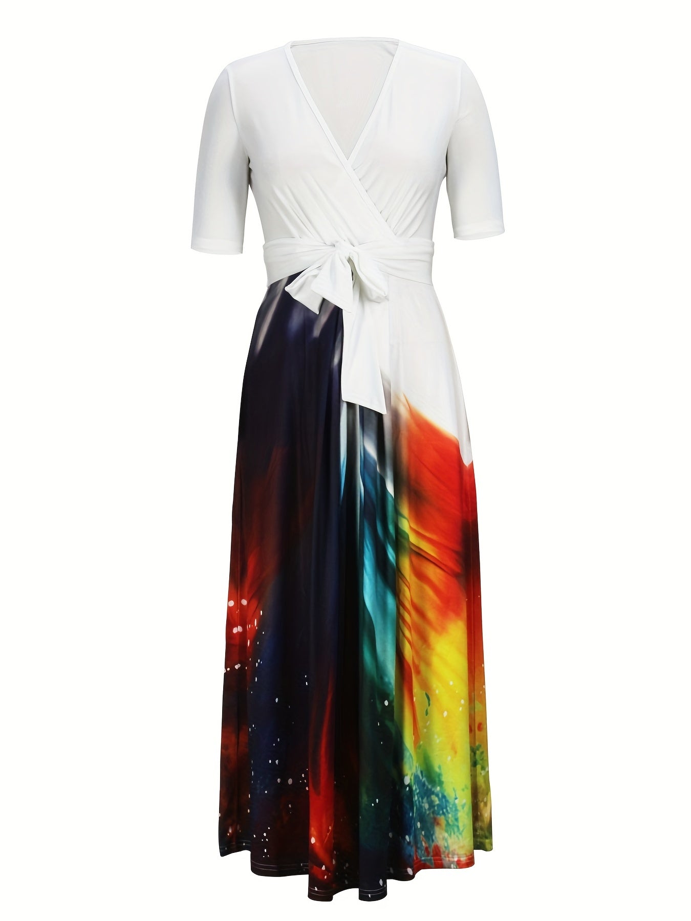 gbolsos Graphic Print Plunging Dress, Elegant Short Sleeve Maxi Dress, Women's Clothing