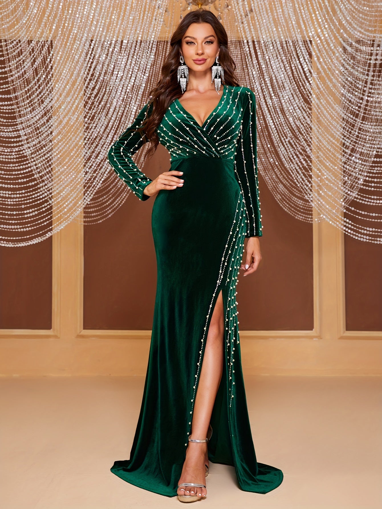 Beaded V-neck Split Slim Dress, Elegant Long Sleeve Bodycon Dress For Party & Banquet, Women's Clothing