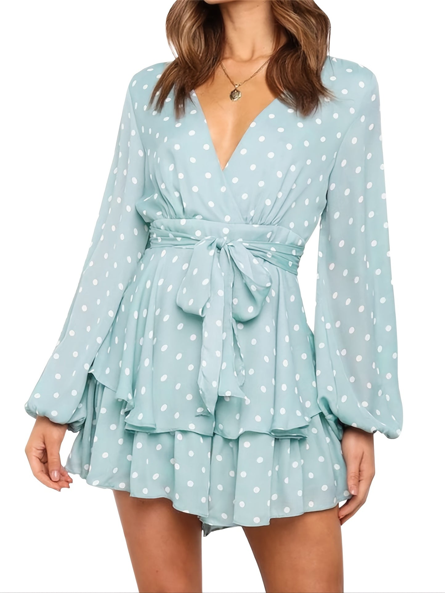 elveswallet Ladies Polka-dot V-neck Jumpsuits, Long Sleeve Ruffle Hem Romper Playsuit, Casual Every Day Romper, Women's Clothing