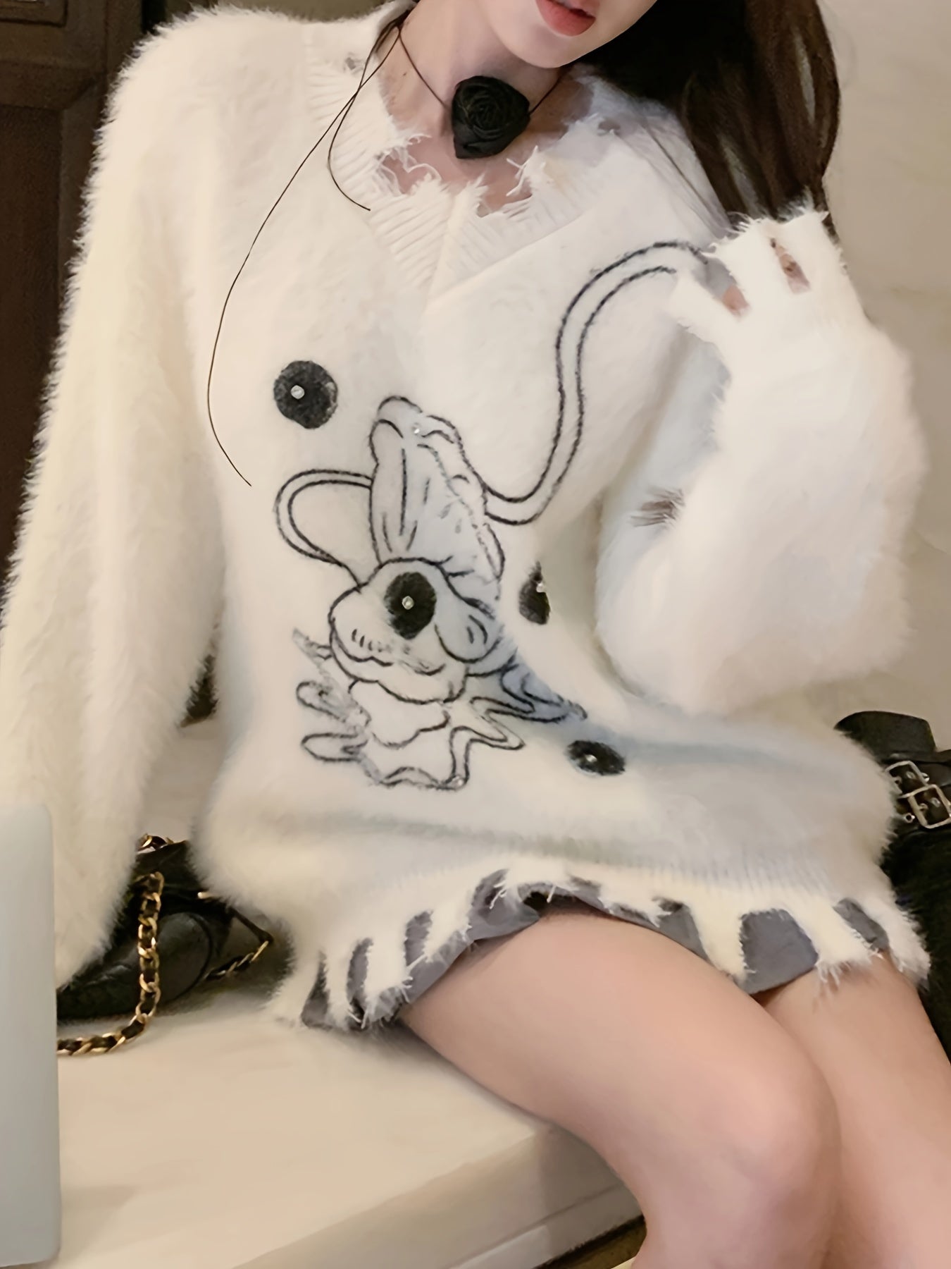 gbolsos Graphic Pattern Ripped Pullover Sweater, Vintage Long Sleeve Loose Sweater, Women's Clothing
