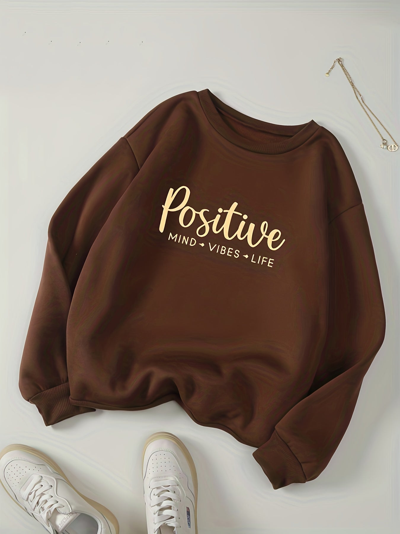 Positive Print Pullover Sweatshirt, Casual Long Sleeve Crew Neck Sweatshirt For Fall & Winter, Women's Clothing