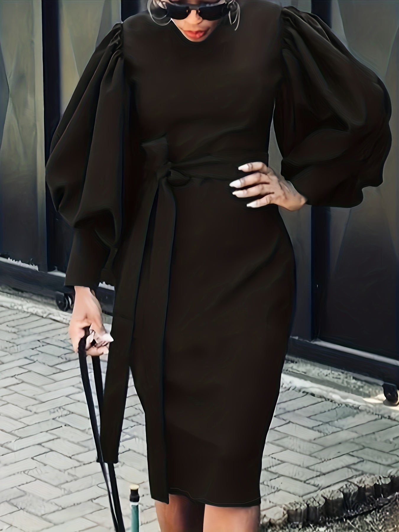 gbolsos Split Lantern Long Sleeve Dress, Elegant Crew Neck Solid Dress, Women's Clothing