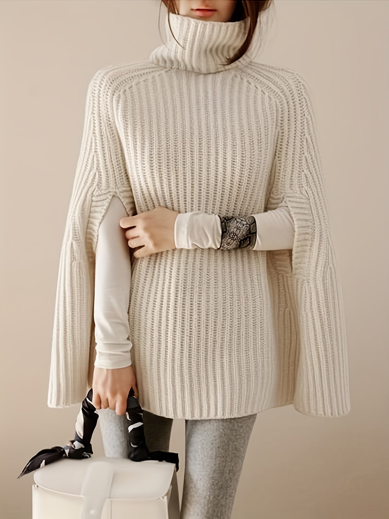 Cape Sleeve Turtle Neck Sweater, Elegant Ribbed Knit Sweater For Fall & Winter, Women's Clothing